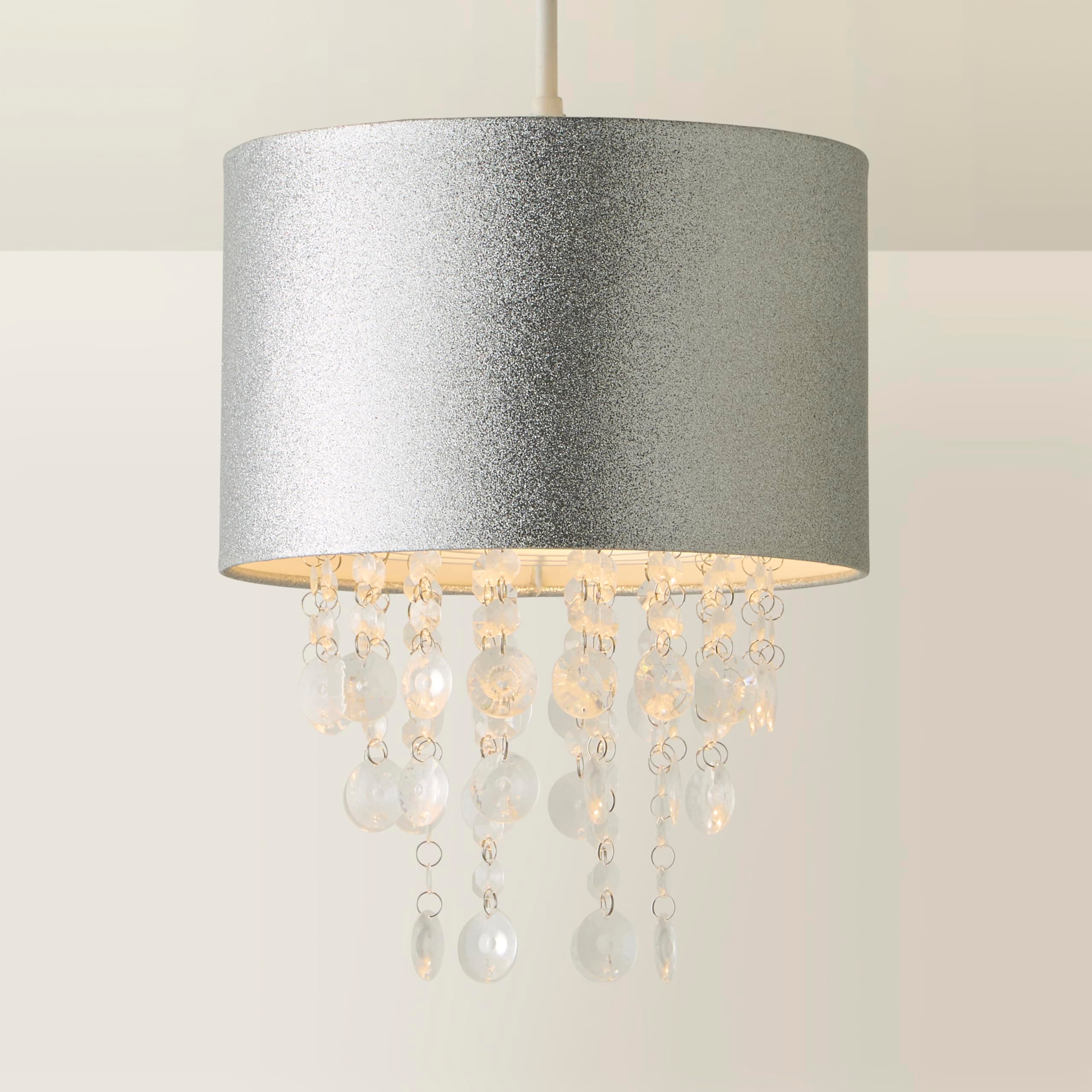 MiniSun | Modern Silver Glitter Ceiling Light Shade with Clear Acrylic Jewel Droplets | Pendant Lights, Home Décor & Improvement Essential | Includes 10W LED Bulb | 28cm Shade Width