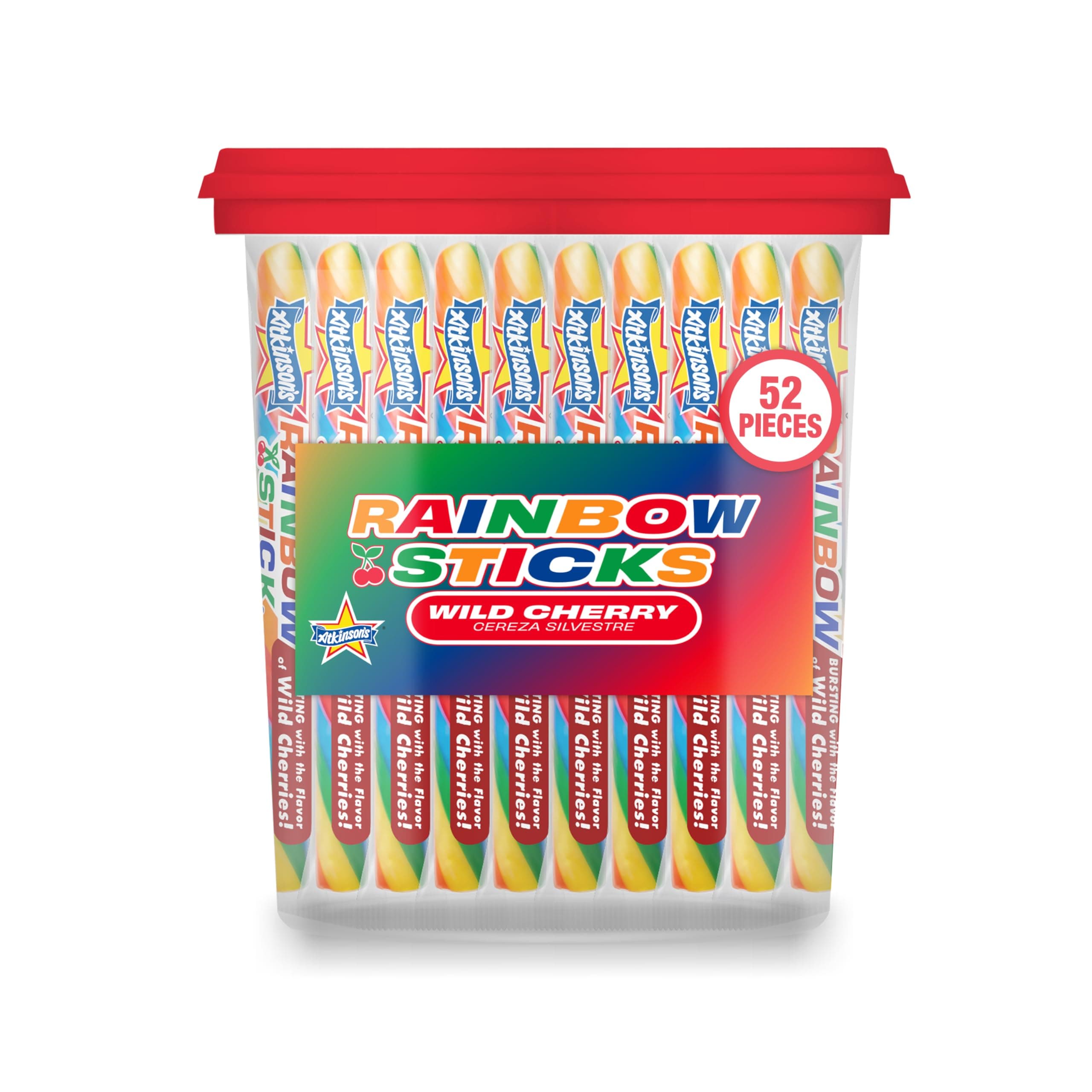 Atkinson's Rainbow Twist Sticks - Cherry Flavored Rainbow Candy Sticks - Gluten Free, Kosher, Vegan - 0.7 oz. Candy Sticks - 52 Piece Jar