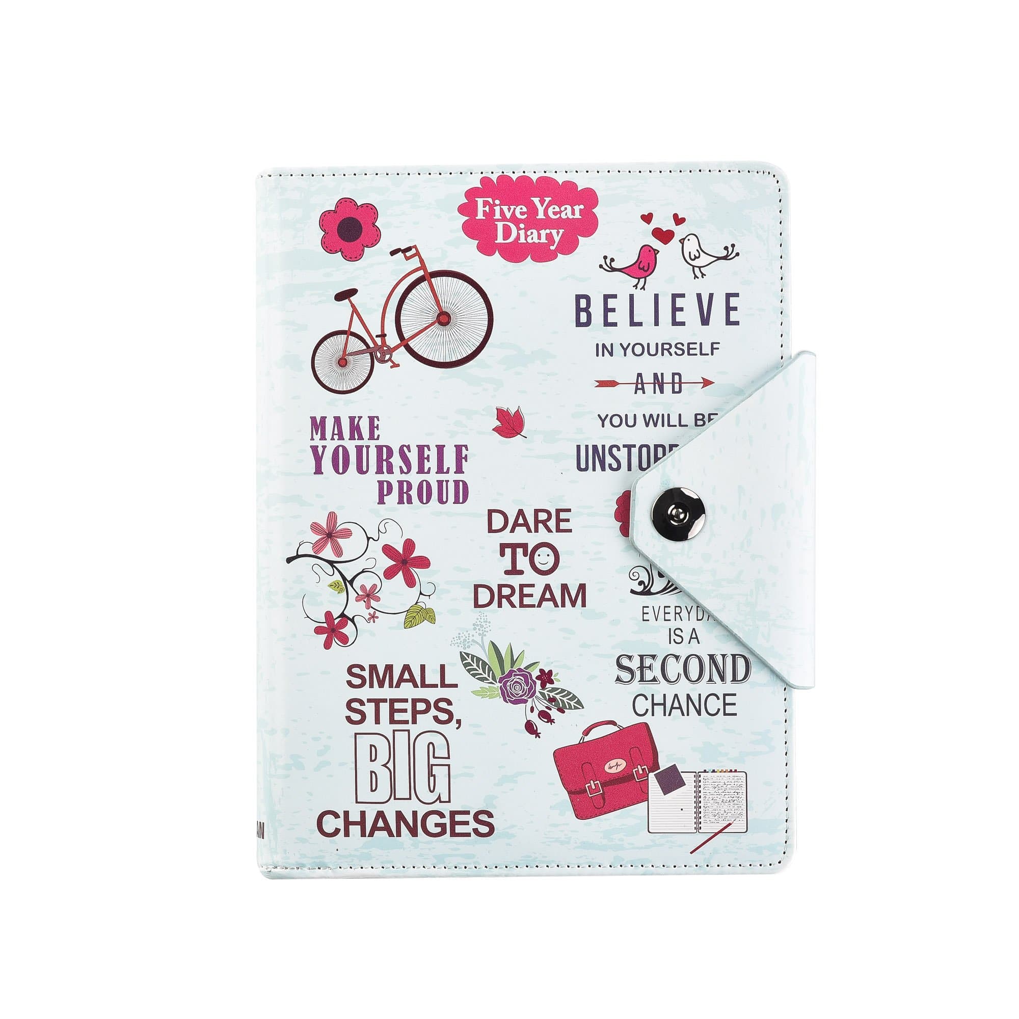 Five 5-Year Diary Organizer - Undated Daily Planner Journal Book - Stud Button Closure - A5 Writing Paper - Faux Leather Inspirational Slogan Art Cover, by Arpan (Light Blue)