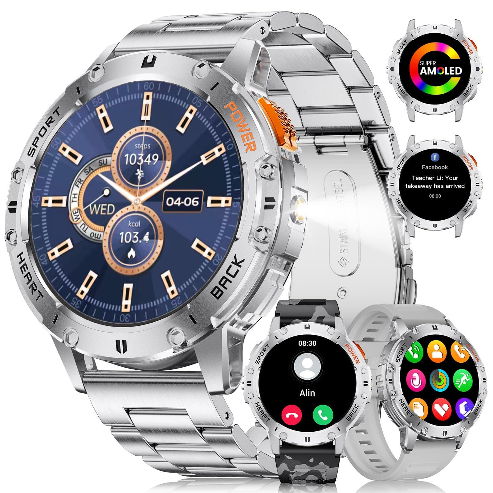 LIGE Military Smart Watch for Men(Answer/Make Call)-3 Straps,1.43" AMOLED Upgraded Outdor 530mAh Sports Smartwatch with Flashlight/Heart Rate/Sleep Monitor/IP68, Silver Fitness Tracker for Android iOS