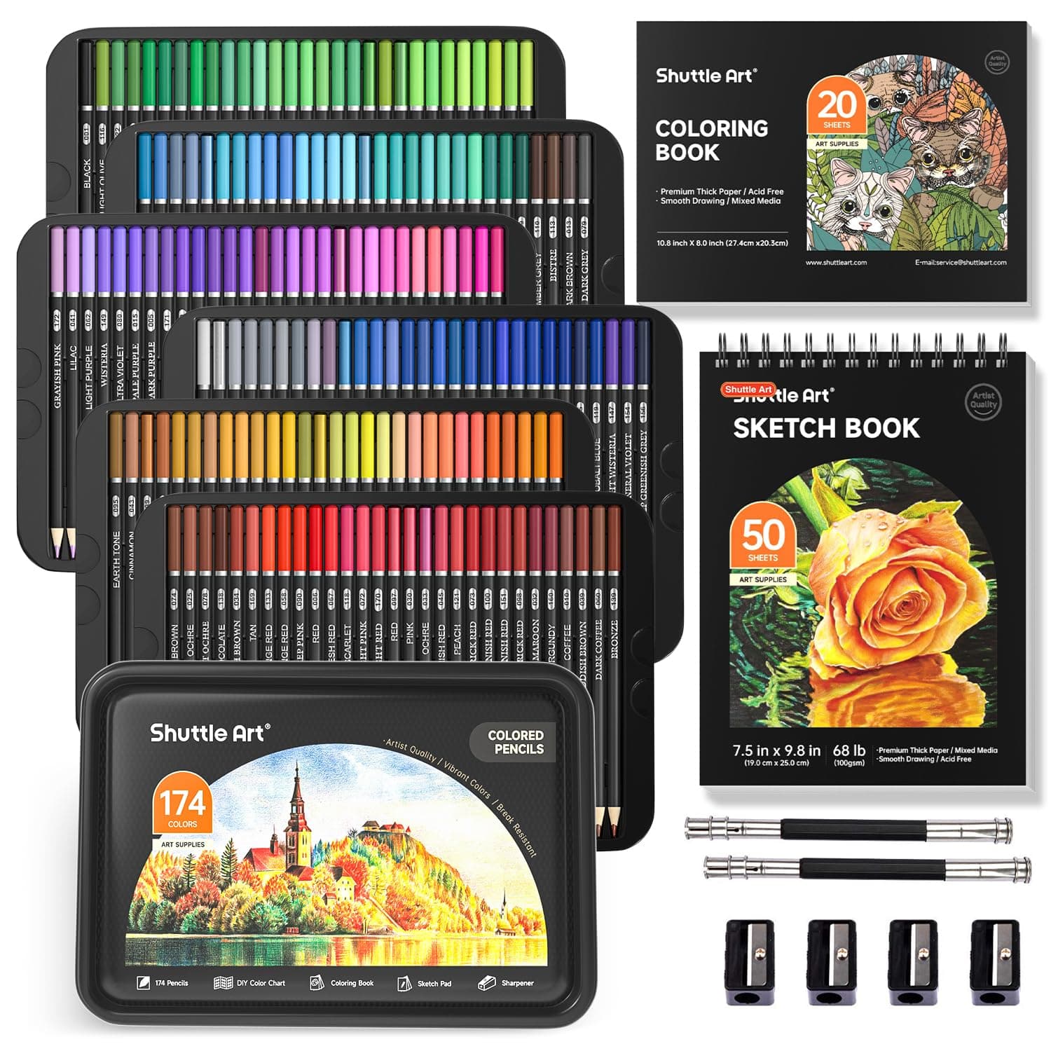 Shuttle Art 174 Colours Professional Colouring Pencils, Soft Core Coloured Pencils Set with 1 Colouring Book,1 Sketch Pad, 4 Sharpener, 2 Pencil Extender, Artists Kids Adults Colouring, Drawing