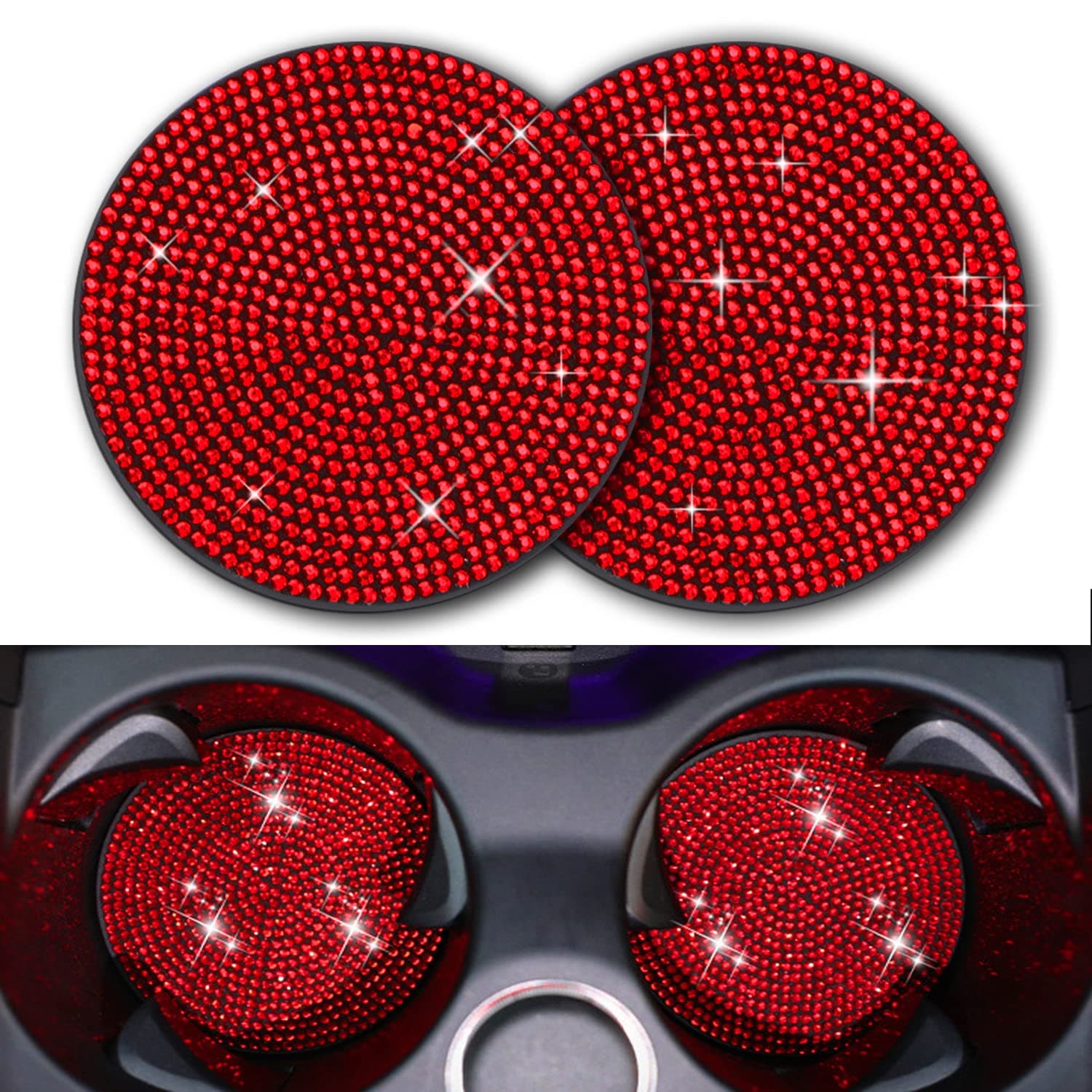 Bling Cup Holder Insert Coaster- 2.75 inch Silicone Anti-Slip Shockproof, Universal Fashion Car Interior Accessories for Women (Red, 2 PCS)