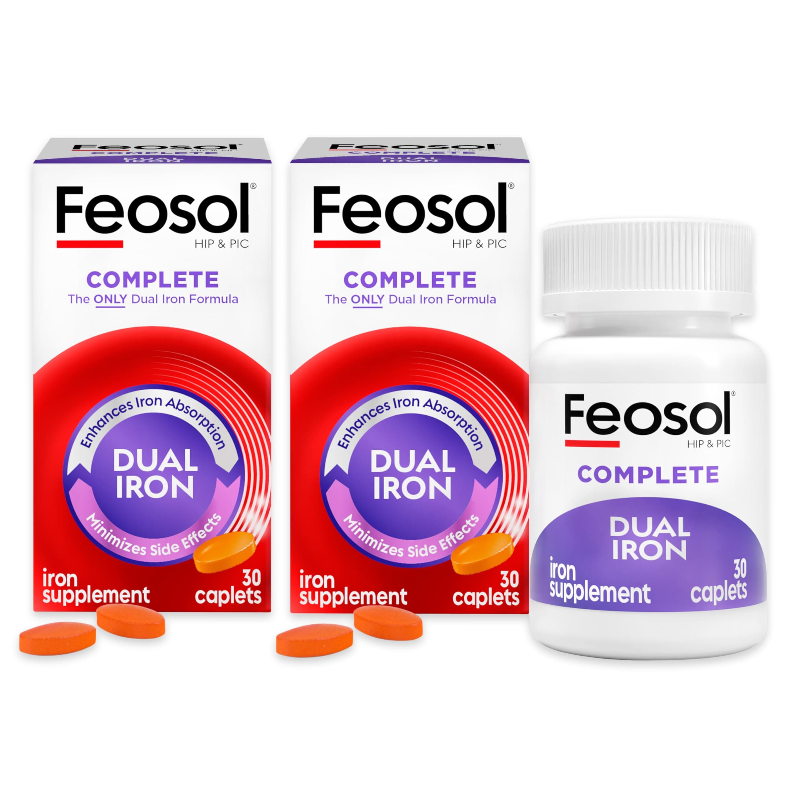Feosol Complete Iron Supplement Caplets, Bifera Iron for High Absorption, Heme and Non-Heme Dual Action Minimizes Side Effects, 1 Per Day, Energy and Immune System Support, Pack of 2, Total 60 Count