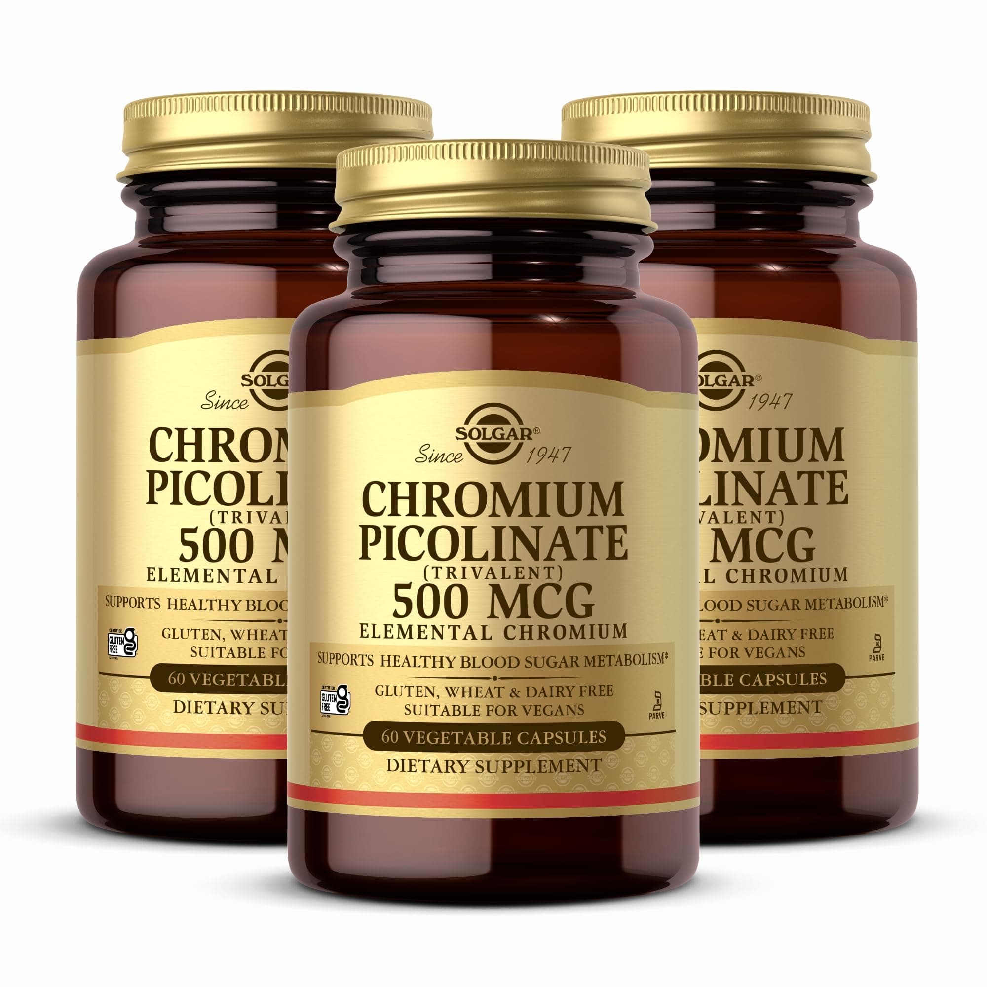 Chromium Picolinate 500 mcg - 60 Vegetable Capsules, Pack of 3 - Supports Sugar, Fat & Protein Metabolism - Non-GMO, Gluten Free, Kosher - 90 Total Servings