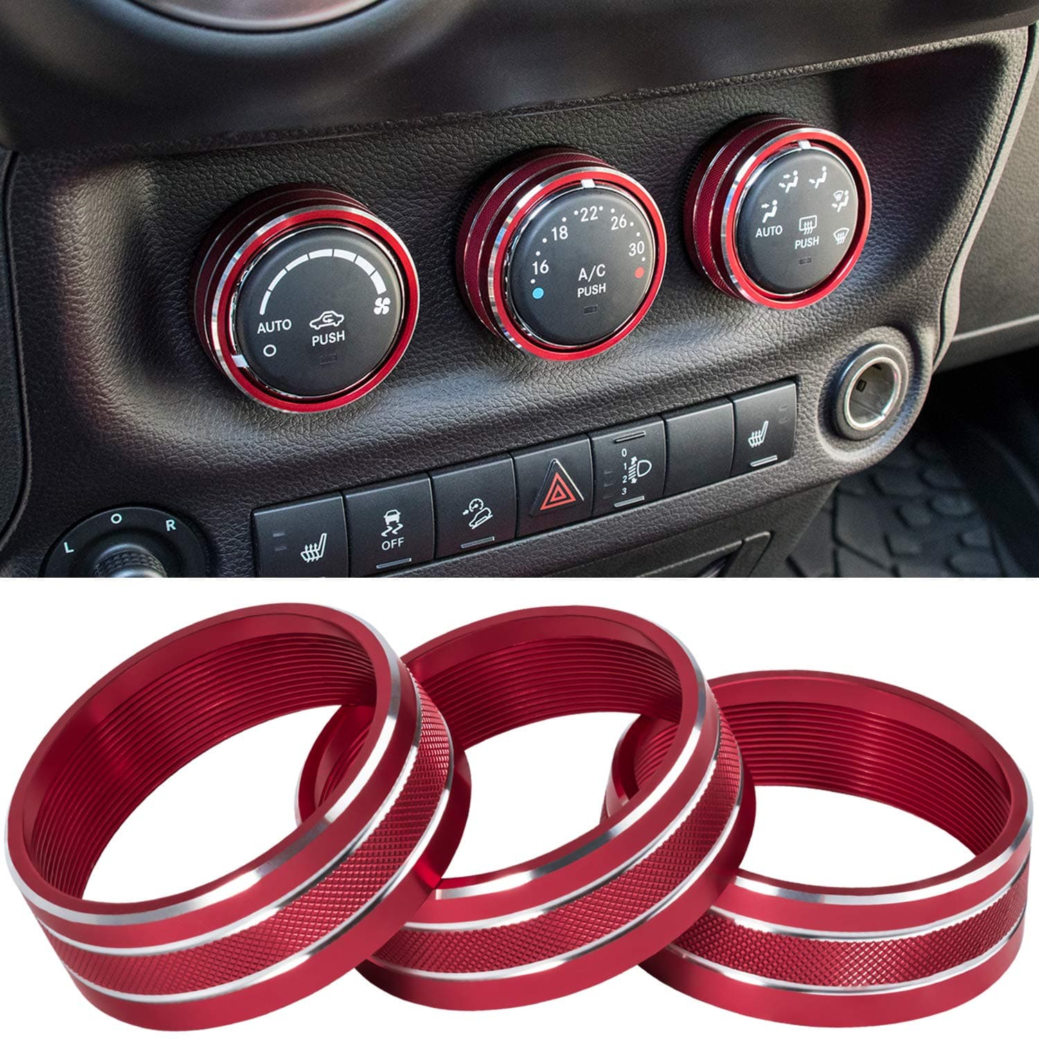 Audio Air Conditioning Button Cover Decoration Twist Switch Ring Trim for Jeep Wrangler JK JKU Patriot 2011-2018, Compass 11-16, Liberty 08-12, Dodge Challenger 08-14 Interior Accessories (Red)