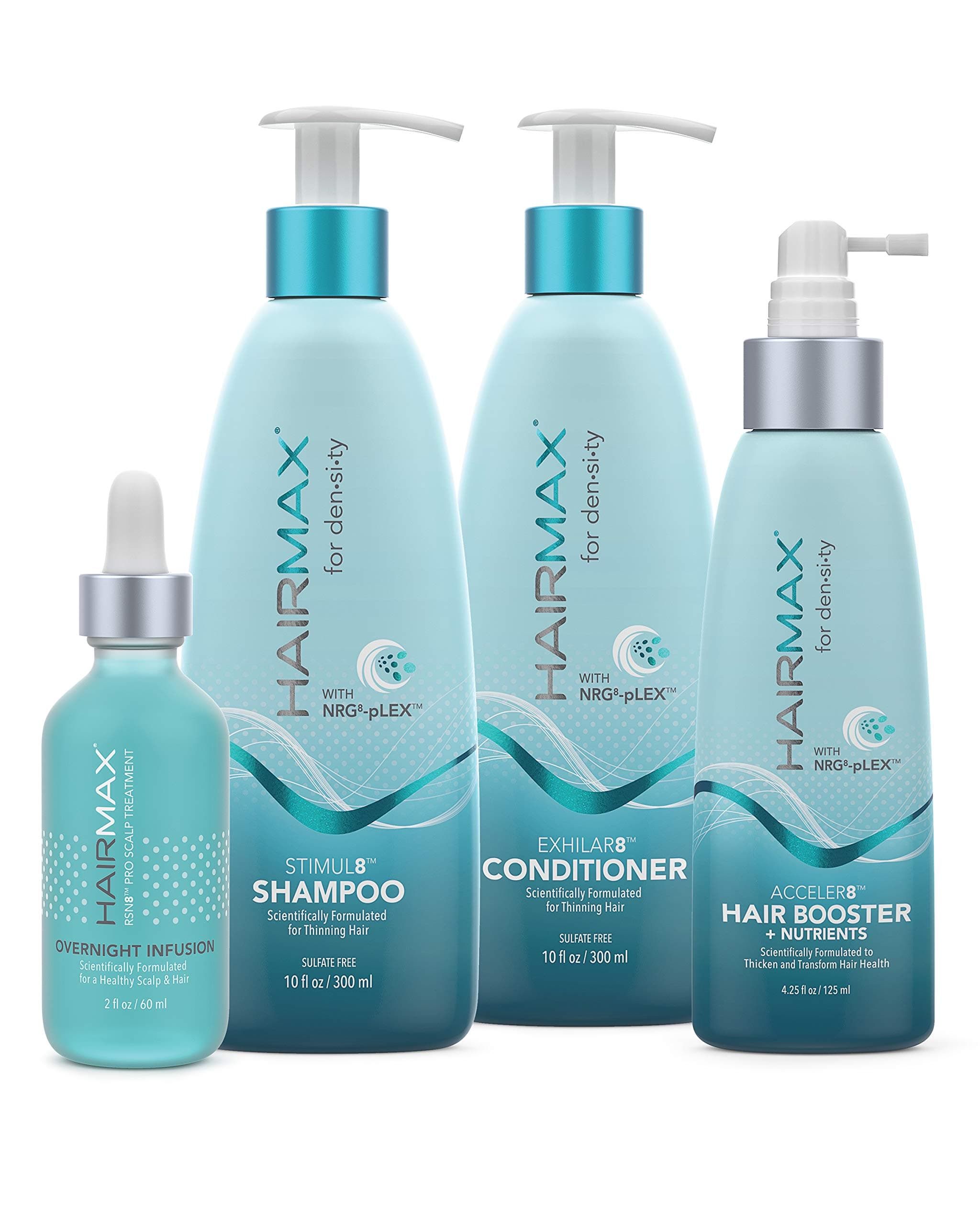 HAIRMAX for Density 4pc Bio-Active Hair Therapy System for Thinning Hair, Stimul8 Shampoo, Exhilar8 Conditioner, Acceler8 Hair Booster, RSN8 Pro Scalp Treatment