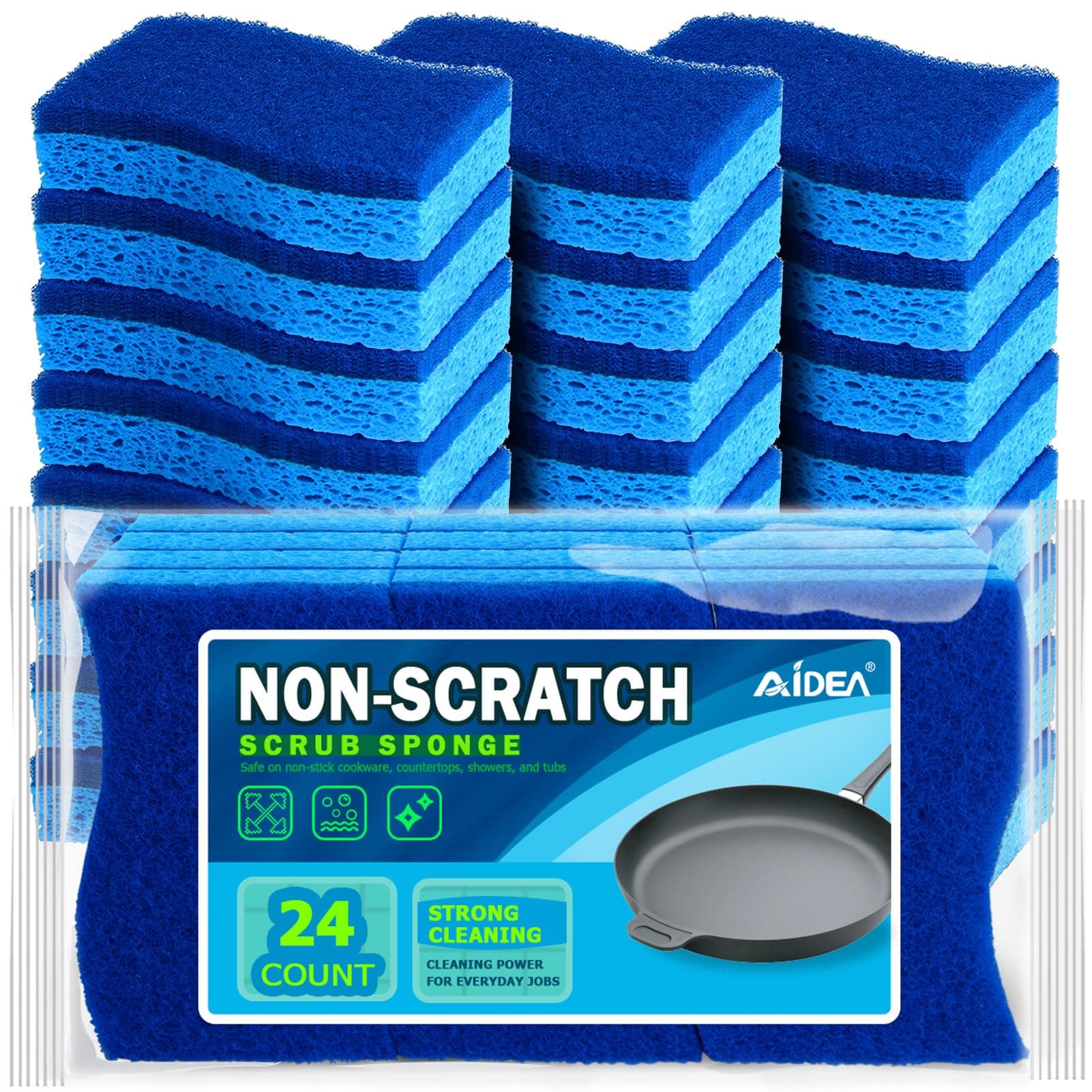 AIDEABrite Non-Scratch Scrub Sponge, Cleans Fast Without Scratching, Stands Up to Stuck-on Grime, Cleaning Power for Everyday Jobs, 24 Scrub Sponges
