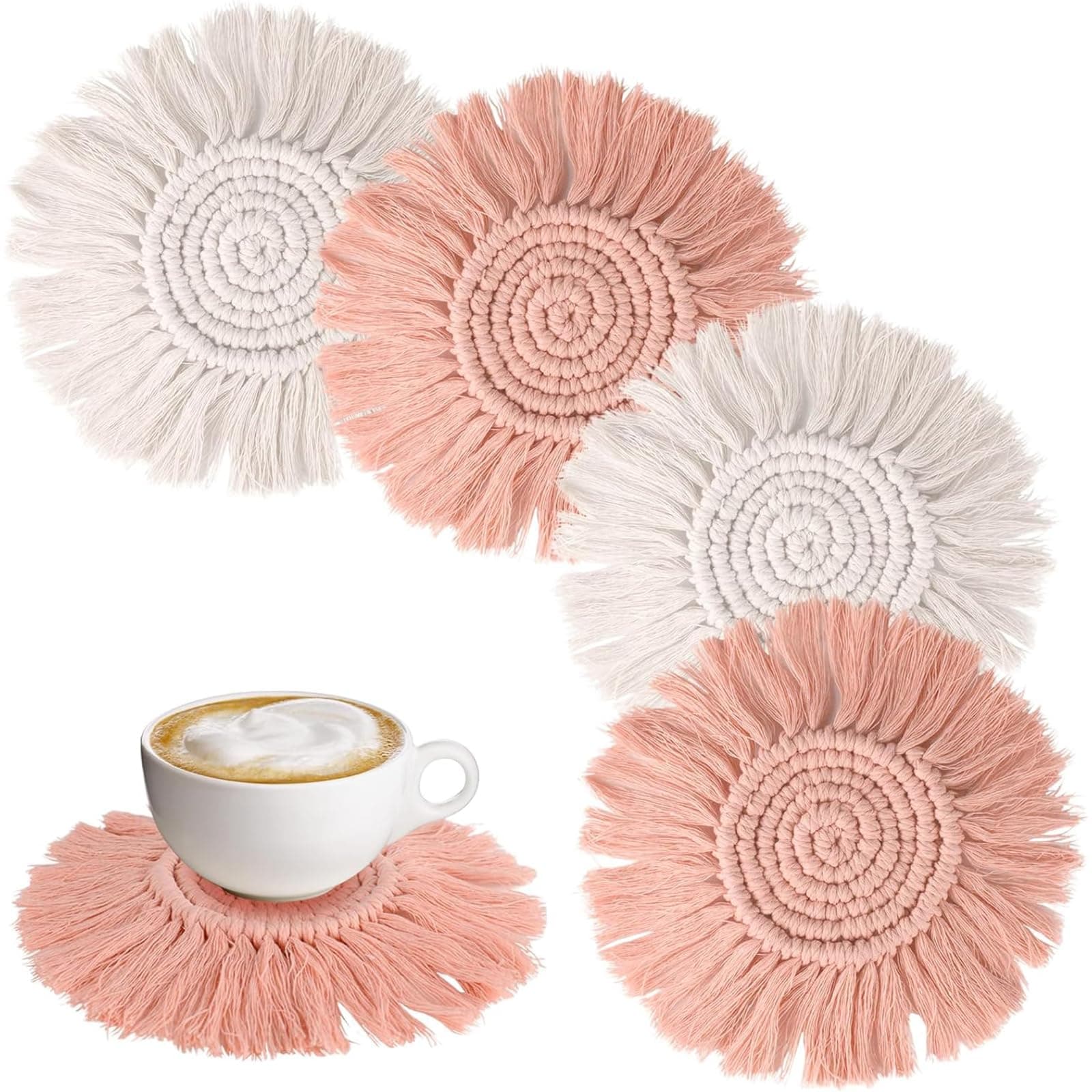 OT-NVWOZR 4 PCS Macrame Coasters, Absorbent Boho Woven Coasters with Tassels, Heat Resistant Handmade Cotton Coasters for Home Kitchen Office Wooden Table Decor Housewarming Gift