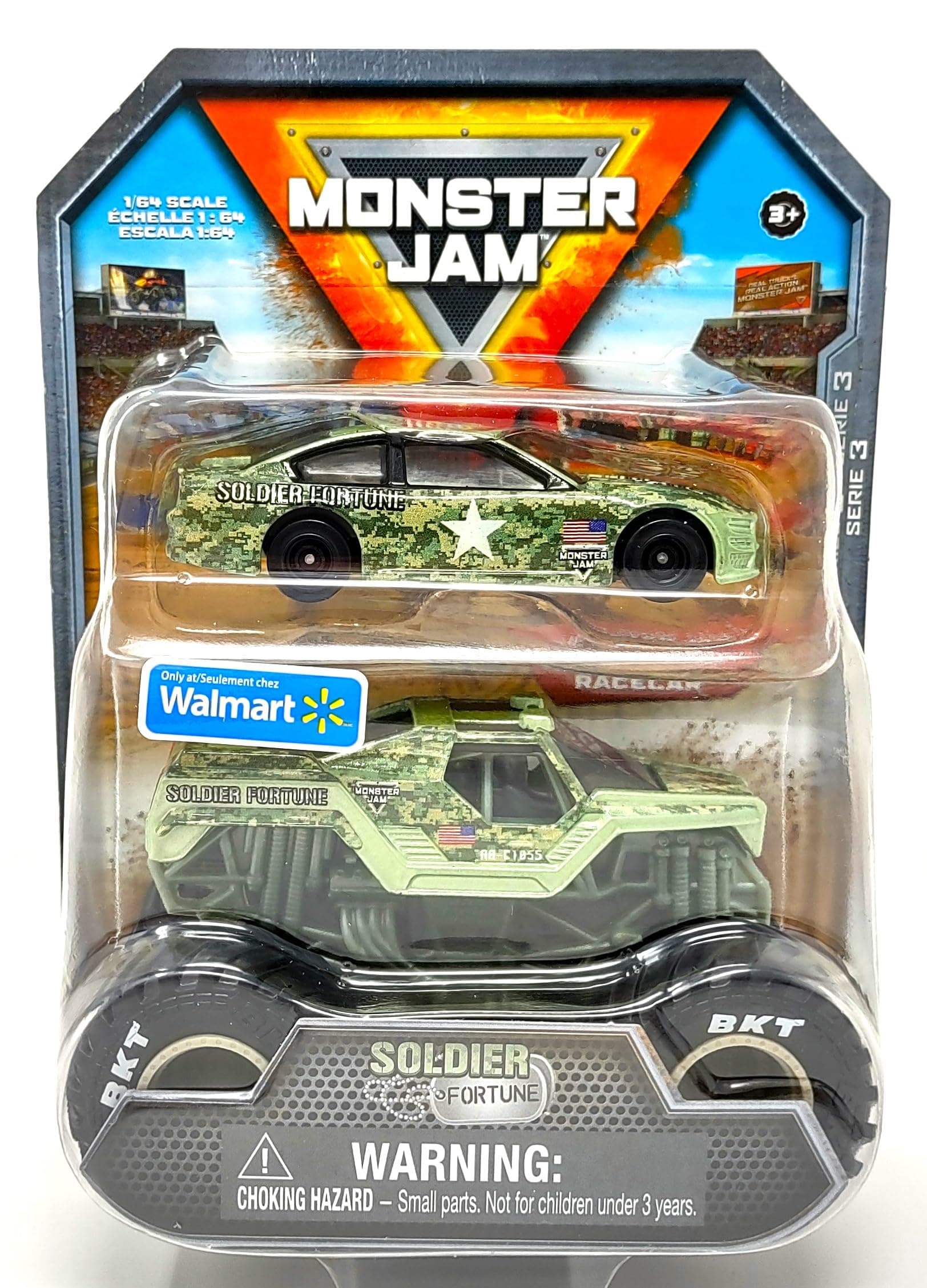 Official 1:64 Scale Diecast 2-Pack Monster Truck and Race Car: Son-uva Digger (Soldier Fortune)