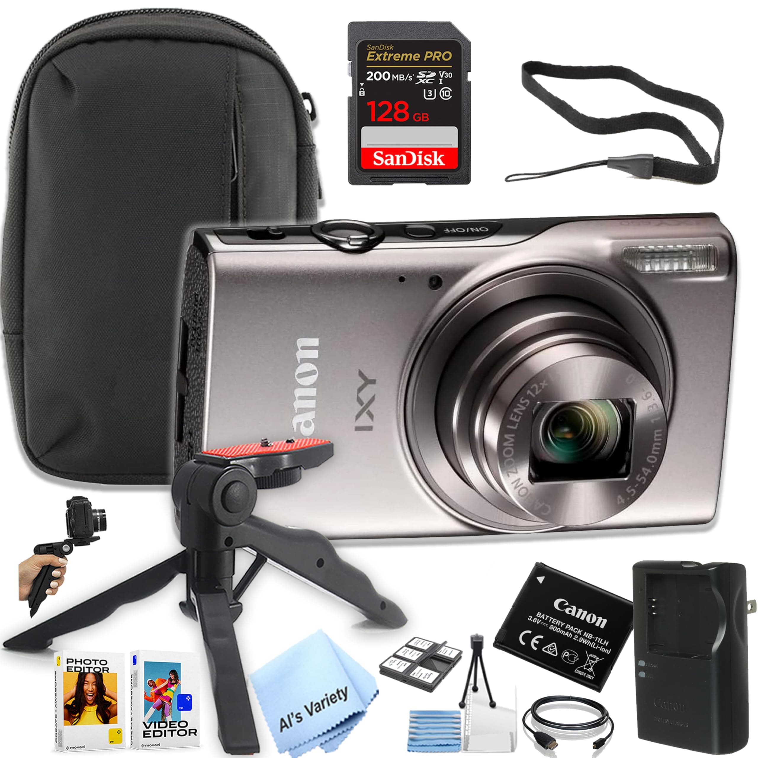 Canon PowerShot IXY 650 (ELPH 360) HS Digital Camera (Silver) + 128GB Extreme PRO Memory + Case, Grip, Software Pack (Essential Bundle) (Renewed), Black