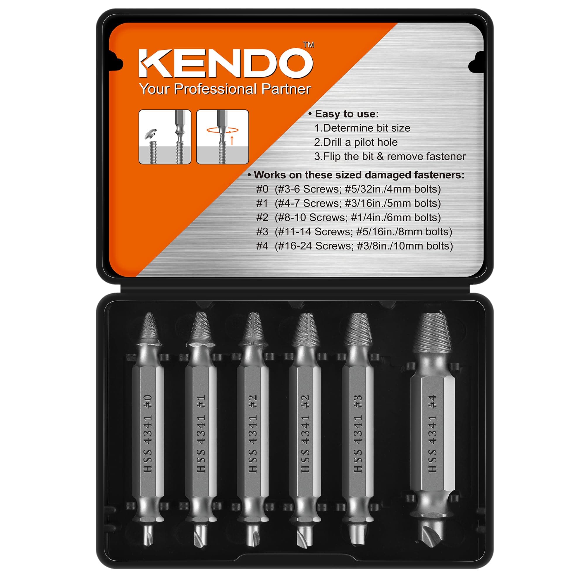KENDO Damaged Screw Extractor Set - Remover for Stripped Screws Nuts & Bolts, Drill Bit Tools for Easy Removal of Rusty & Broken Hardware, 6PC HSS Drill Bit Bolt Extractor Kit, Superb Gifts for Men