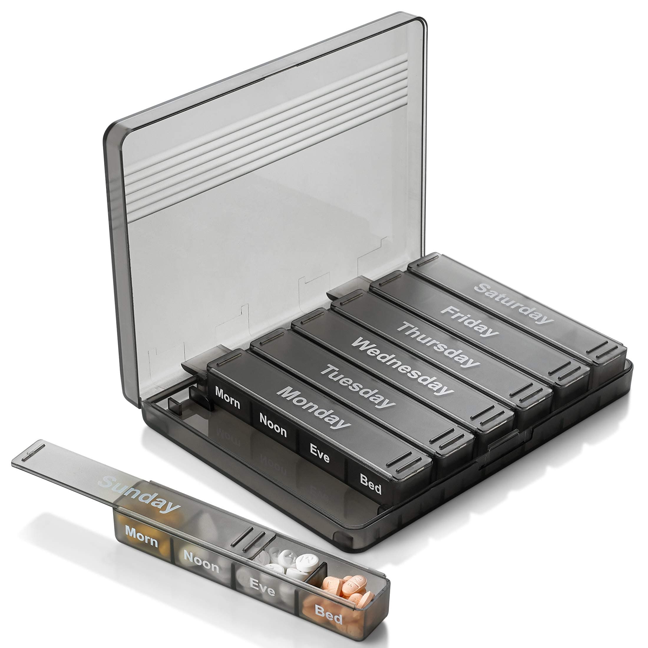 Weekly Pill Organizer - 7-Day Pill Case w/Removable Daily 4 Times-a-Day Pill Cases - Large AM/PM Medicine Pill Box for Medications Pills Vitamins & Supplements - Easy to Read Labels Monday to Sunday