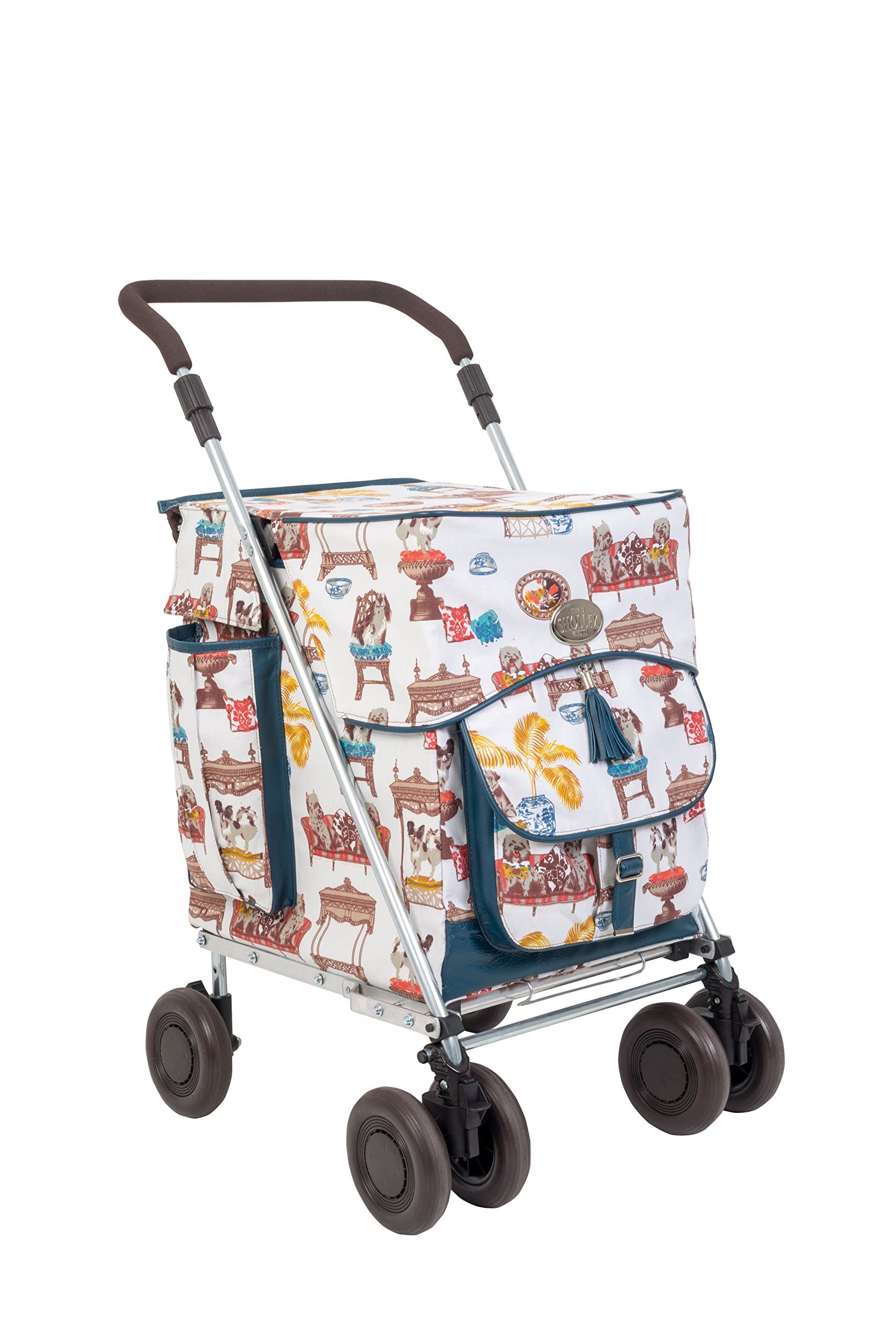 Sholley® NEW Premium Deluxe Range - 'The Empire' Colonial Pattern on White Cotton Canvas with Peacock Blue Soft Italian Leather - Foldable Shopping Trolley, Grocery Cart