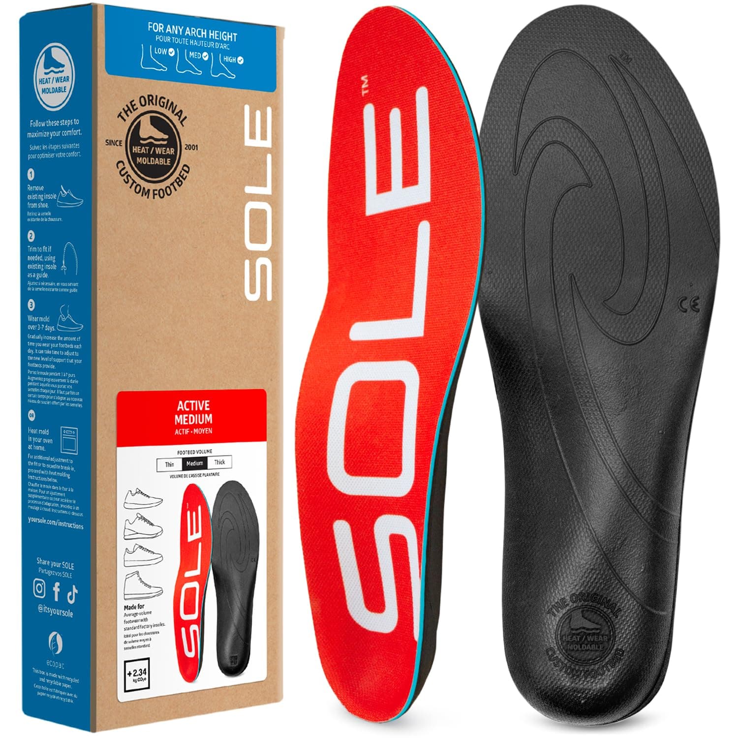 Active Medium Insoles - Custom Moldable Orthotic Support for Any Arch Type, Plantar Fasciitis Relief - Multiple Sizes