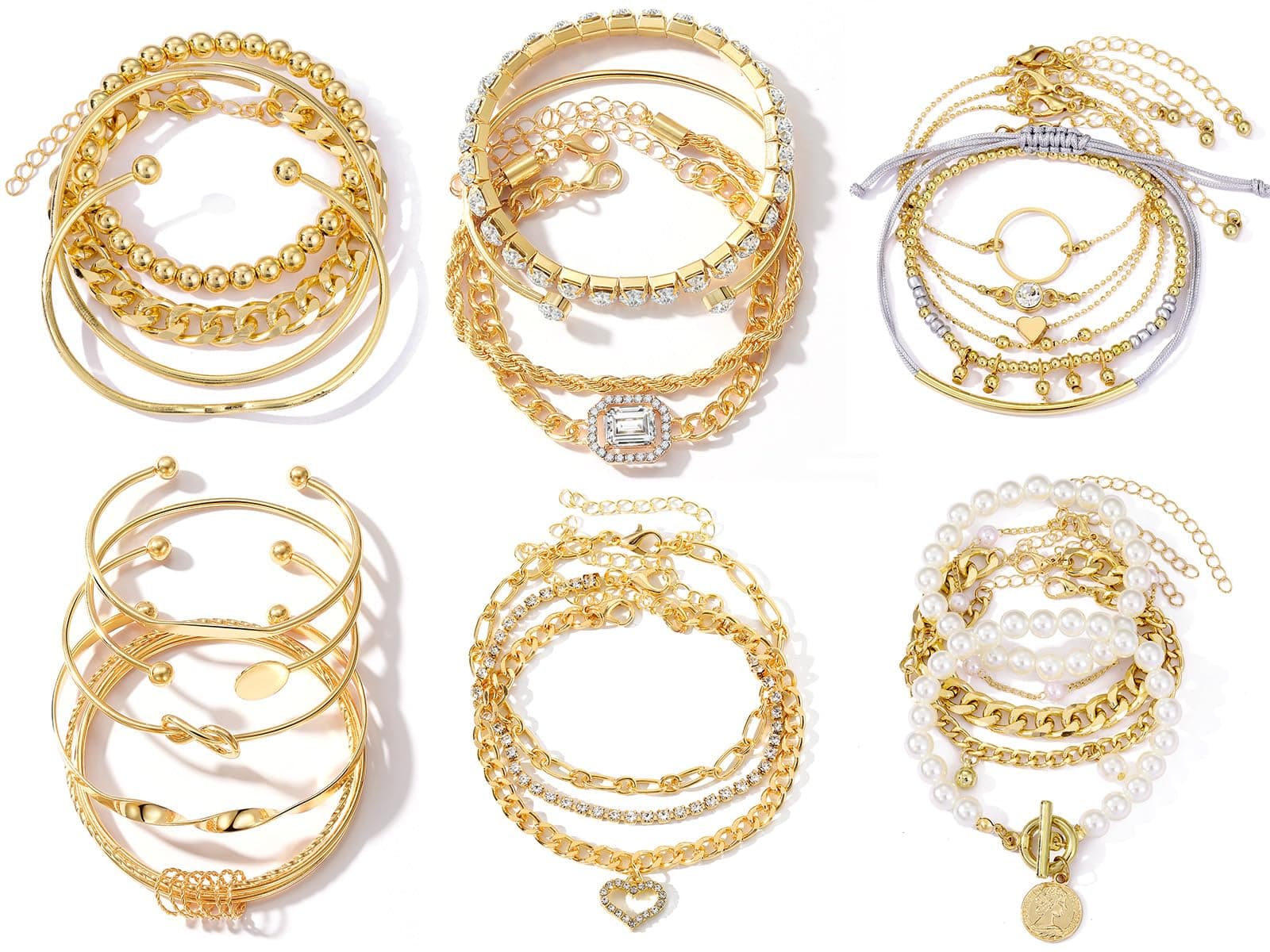 6 PACK (24 PCS) Boho Gold Chain Bracelets Set for Women, 14K Gold Plated Multiple Layered Stackable Open Cuff Wrap Bangle Adjustable Link Italian Cuban Jewelry for Women Gift