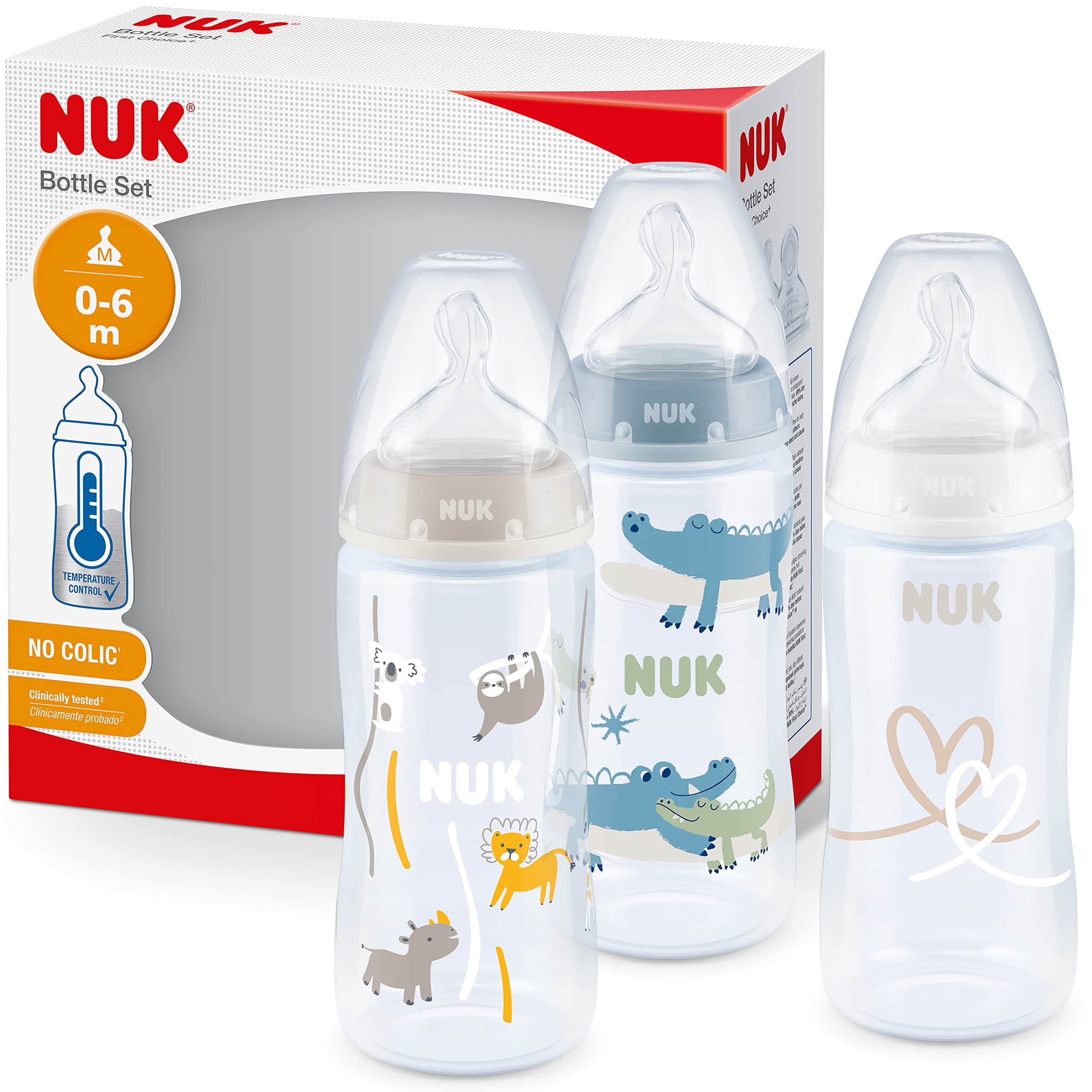 First Choice+ Baby Bottles Set | 0-6 Months | Temperature Control | Anti Colic Vent | 300 ml | BPA-Free | Silicone Teat | 3 Count | Safari