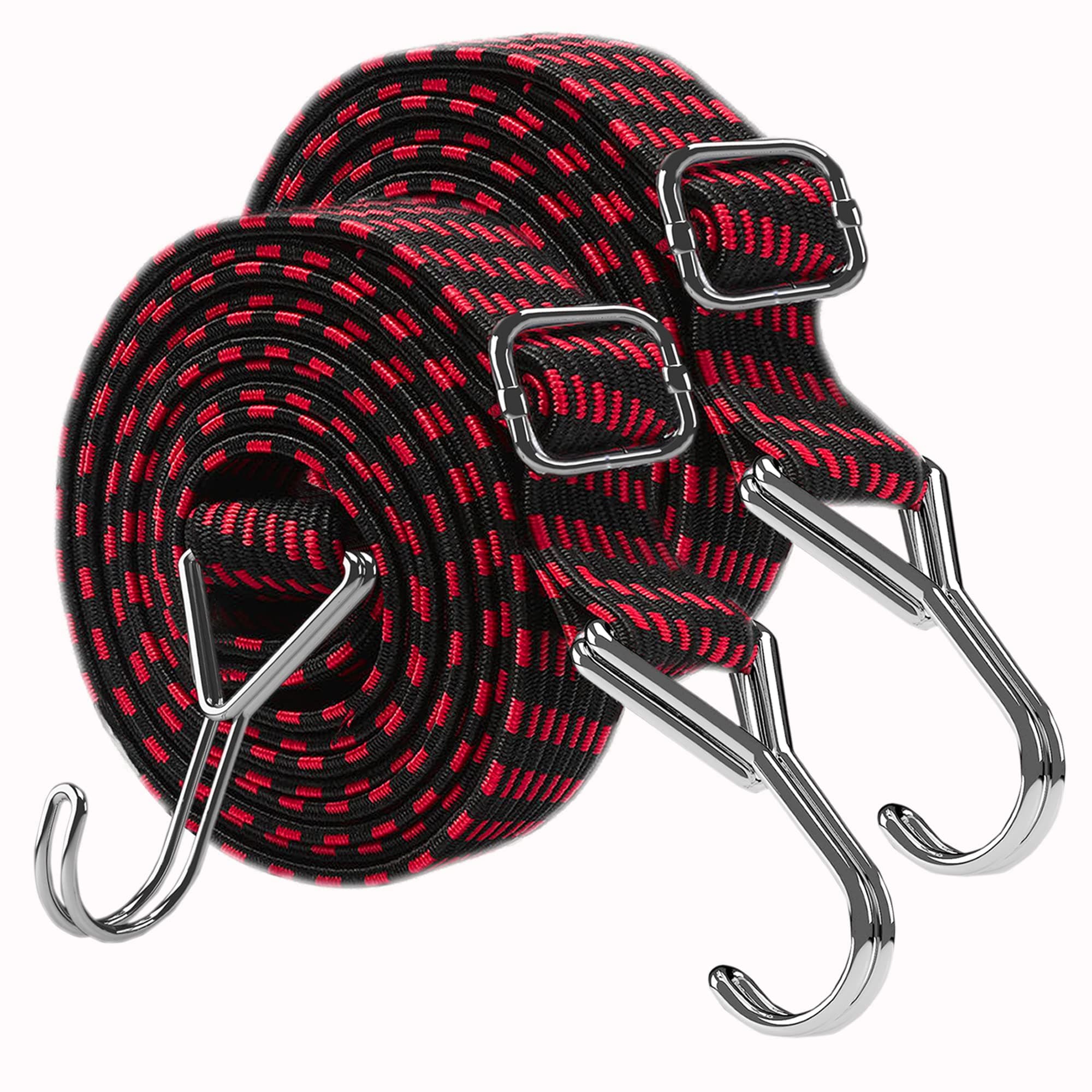 Bungee Cords With Hooks Adjustable - Elastic Heavy Duty Straps Rope 2 Pack 2m Flat Bungee Straps for Bike Luggage Rack Tarp Camping Tent Car Roof Rack Fixings