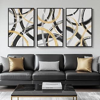 Cuspin Large Framed Black & White Abstract Wall Art, 3 Piece Canvas Art Prints, Modern Wall Paintings, Black Gold Circle Pictures, 36" H x 72" W, Living Room, Office Wall Decor