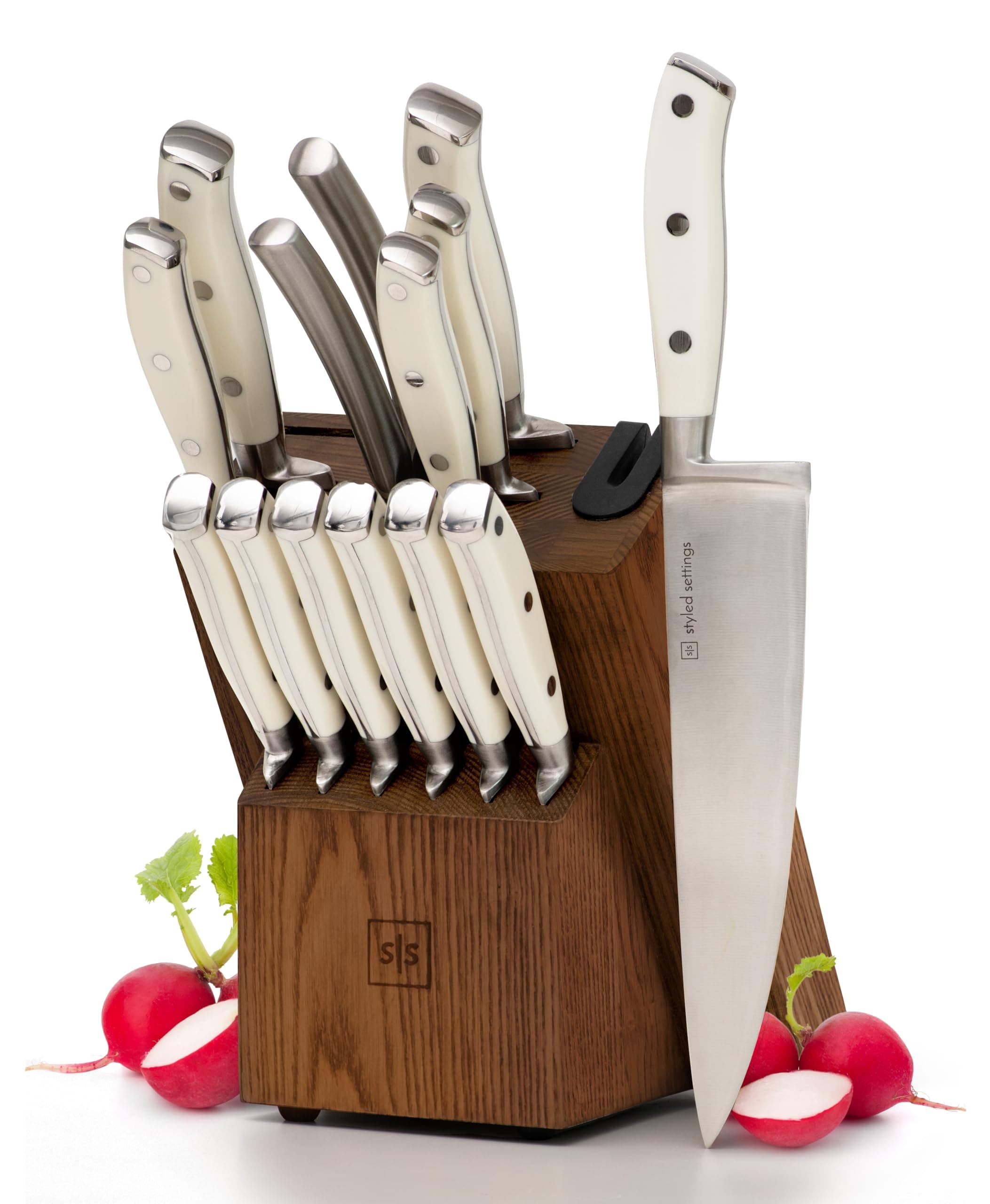 STYLED SETTINGS White Knife Set with Block - 14 Piece Forged Stainless Steel Triple Rivet White Kitchen Knife Set with Heavy Duty Kitchen Shears and Self Sharpening Knife Block Set