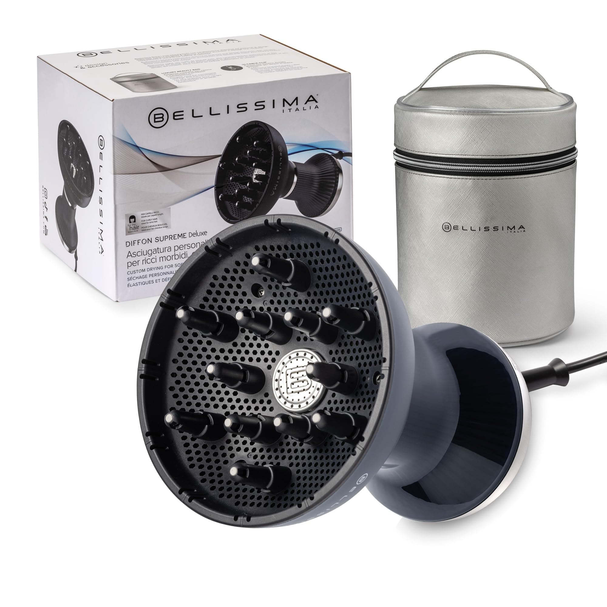 Diffon Supreme Deluxe, warm air diffuser for curly hair, ceramic technology plus keratin, XL diffuser, 3 temperatures plus ionizer, gentle drying, beauty bag