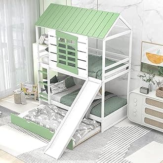 House Bunk Beds with Trundle and Slide, Twin Over Twin Bunk Bed with Roof and Windows, Kids Playhouse Bunk Beds for Girls & Boys, No Box Spring Needed (Triple Bunk Bed, White+Green)