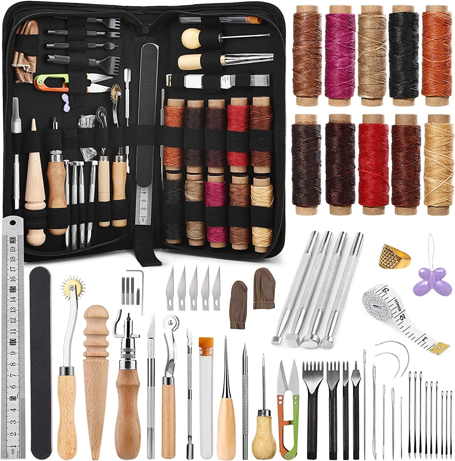 60 Pcs Leather Working Kit Leather Sewing Kit Leathers Craft Tools with Storage Bag Stamping Tools Stitching Groover Waxed Thread Prong Punch for Craft Making Stitching and Punching