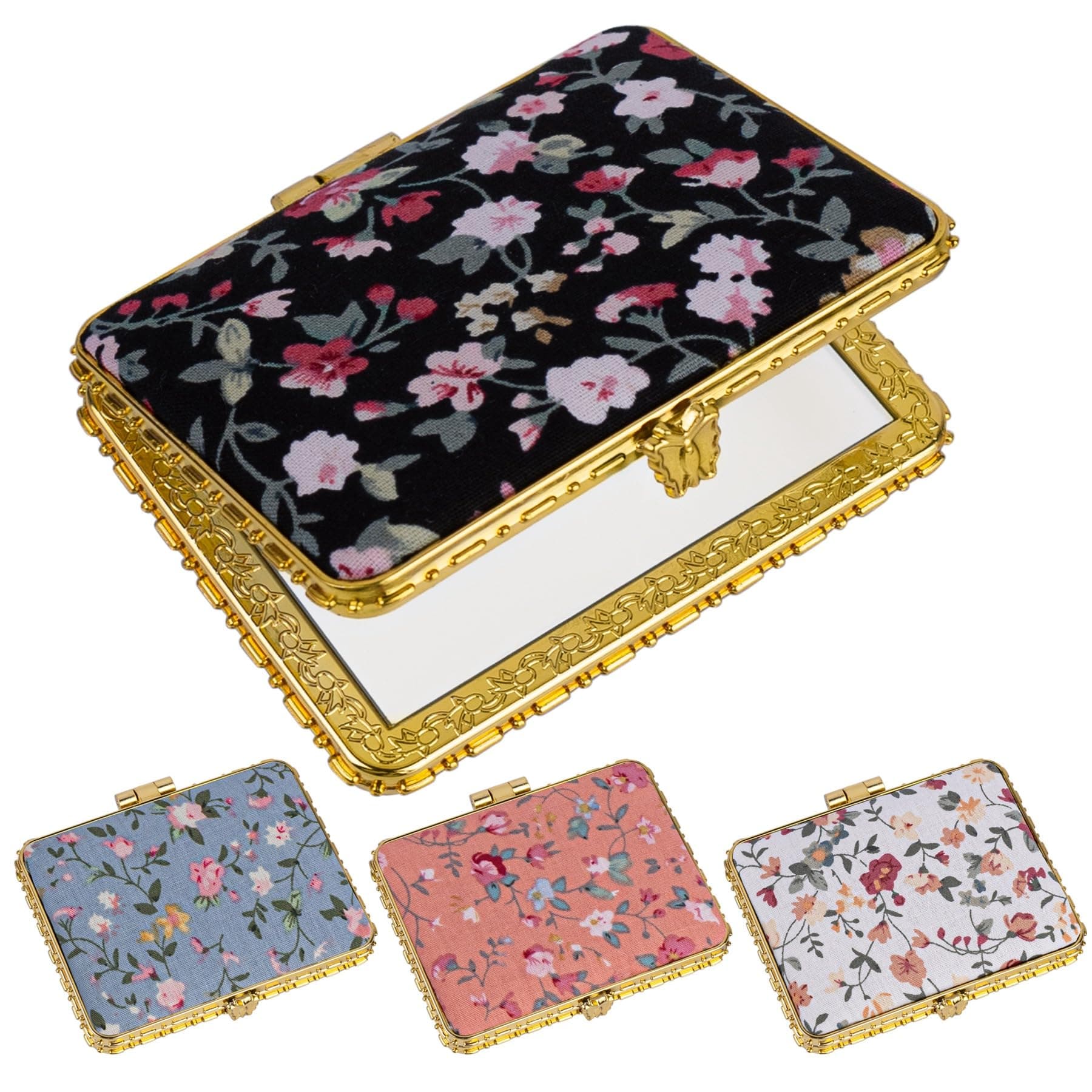 AUEAR, 4 Pack Retro Flower Compact Mirror Makeup Floral Double Sided Pocket Folding Square