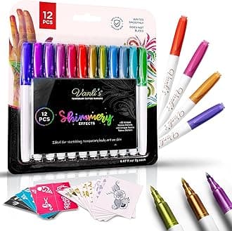Vanli's Temporary Tattoo Markers – Body Markers For Adults & Teens – 10 Waterproof Fake Tattoos And 30 Tattoo Stencil Paper Included – Body Art Markers For Skin. 12 Pack