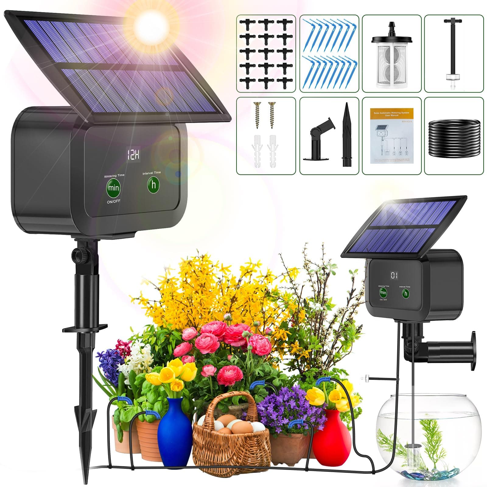 LCD Display Solar Drip Irrigation System Kit, 30 Working Modes & 10 Watering Interval Solar Powered Drip Irrigation Kit Supports 15 Potted Plants, 2200mAh Automatic Watering System for Garden