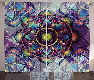 Lotus Curtains by Ambesonne, Psychedelic Surreal Sacred Geometry Mandala Background with Futuristic Effects Print, Living Room Bedroom Window Drapes 2 Panel Set, 108 W X 63 L Inches, Multicolor