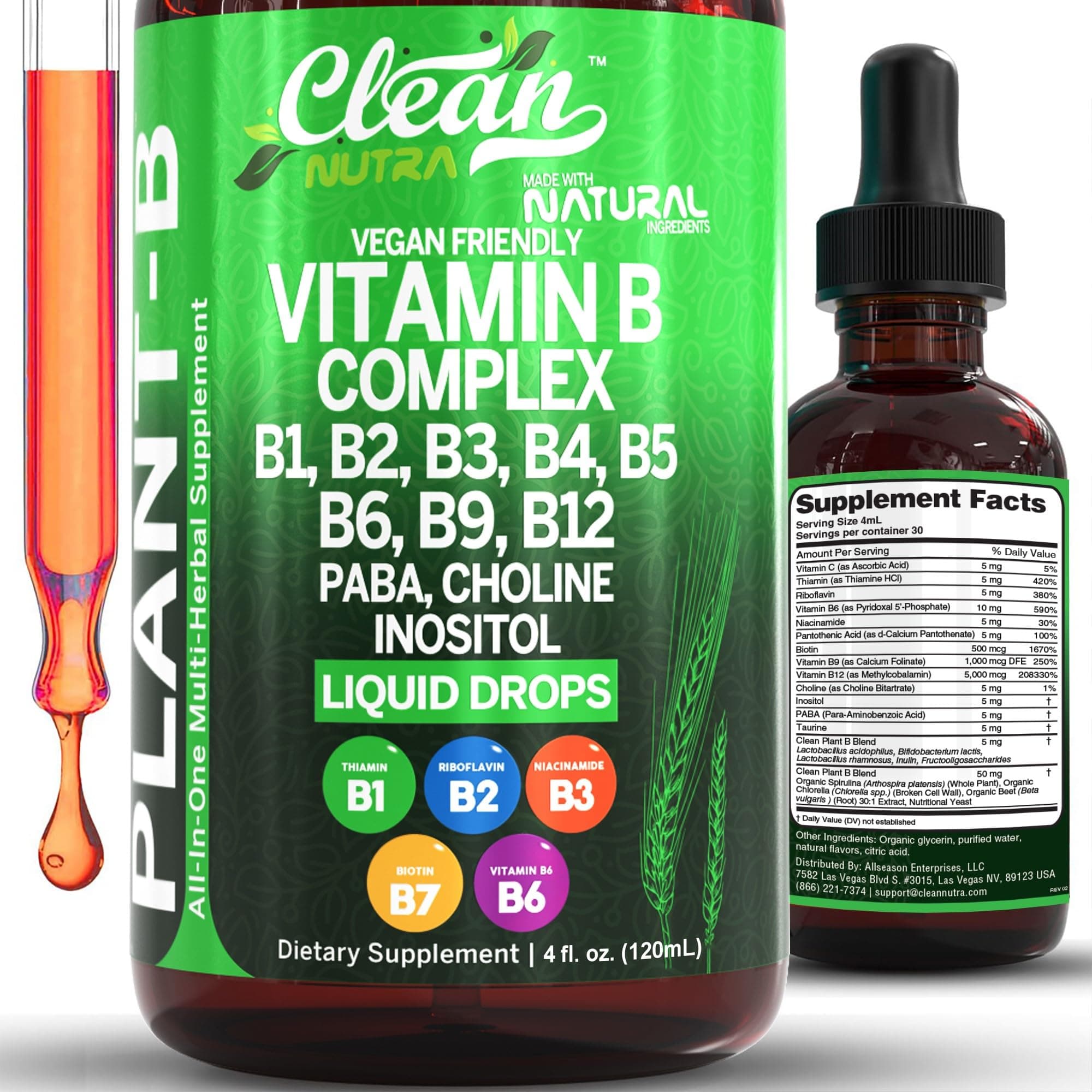 Vitamin B Complex Liquid Drops | Thiamine B1, B6, B2, B3, B4, B5, B7 B9, B12, Niacinamide, Paba, Choline Inositol Taurine Probiotics Beet Root Spirulina - Plant-B Vitamin Supplements by Clean Nutra