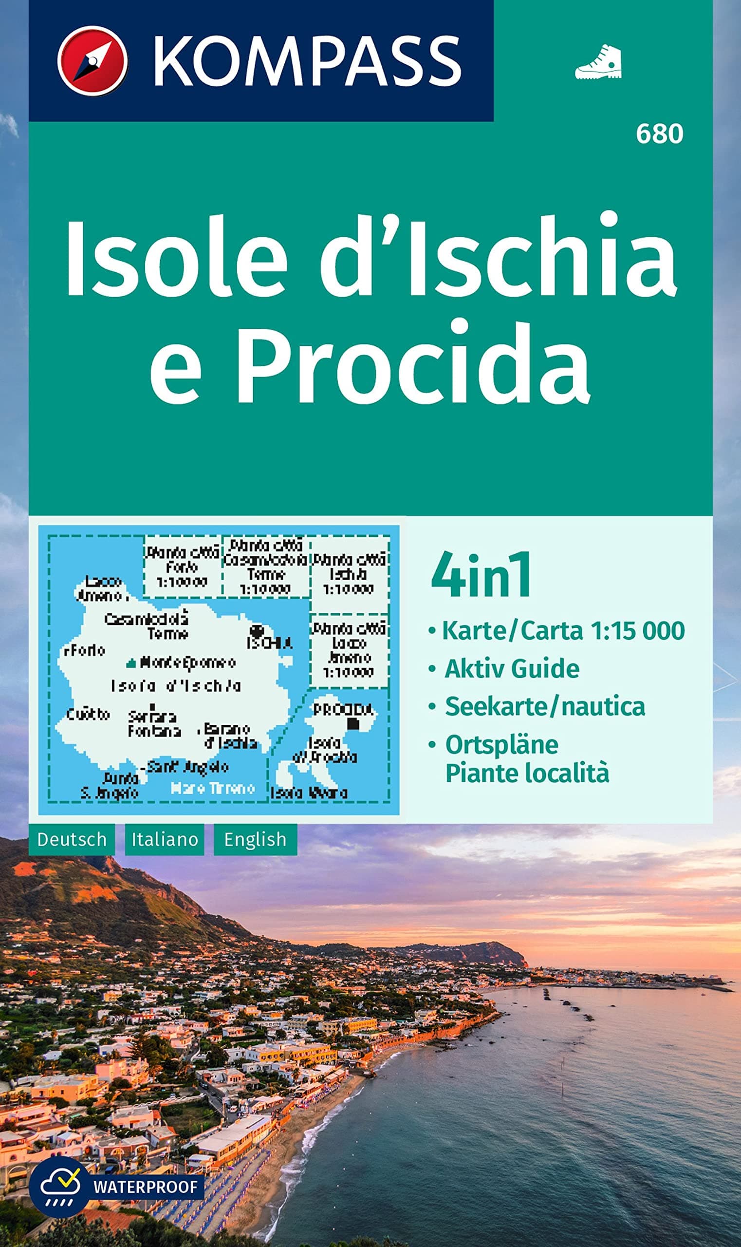 Isole d'Ischia e Procida D/I/E/F (680): 4in1 Wanderkarte, mit Aktiv Guide, Seekarte und Ortsplänen.