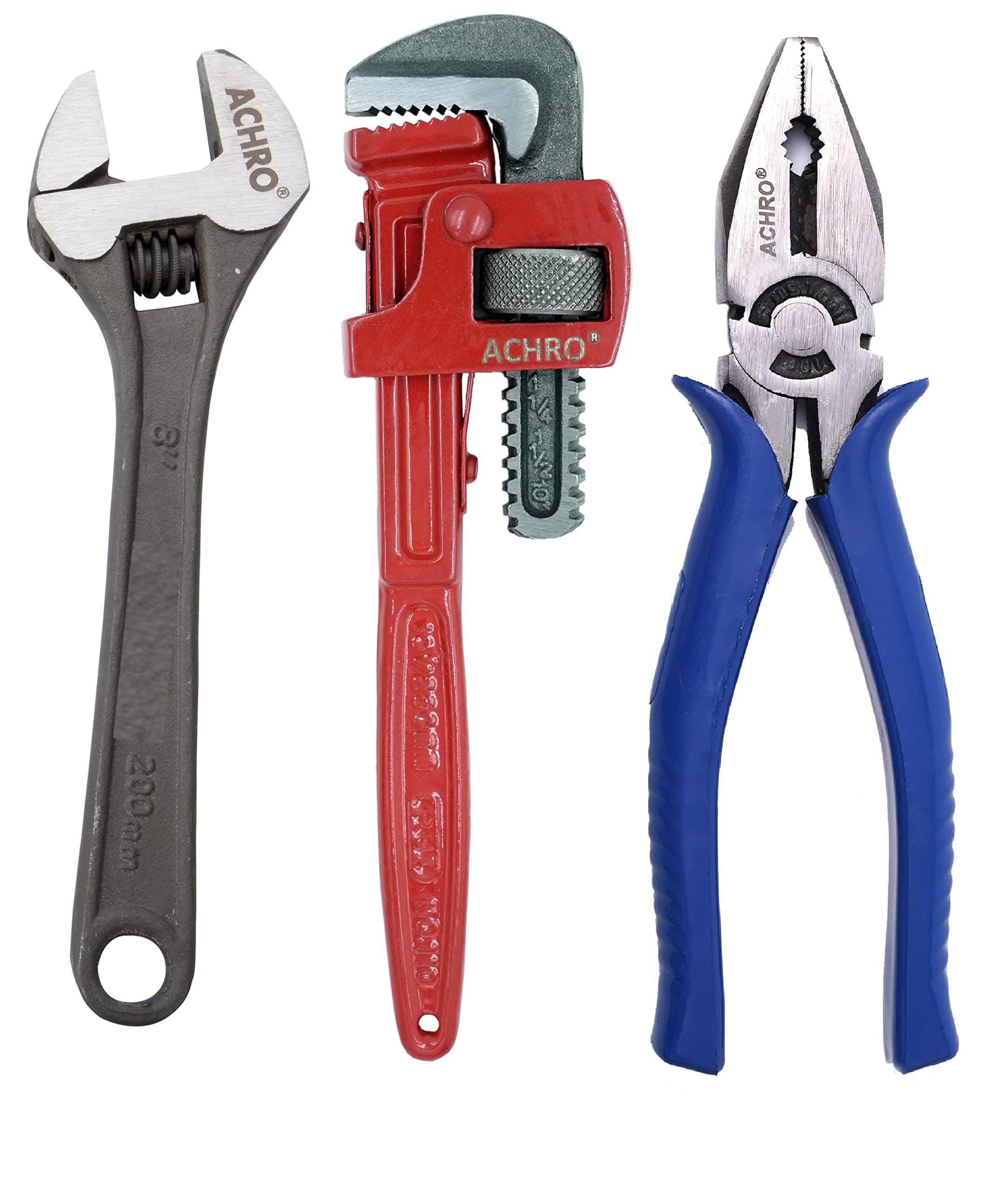 ACHRO Combo Pack of 3 Tool Kits Set for Home (Contains 8 Inch Adjustable Spanner, 8 Inch Combination Plier, 10 Inch Pipe Wrench)