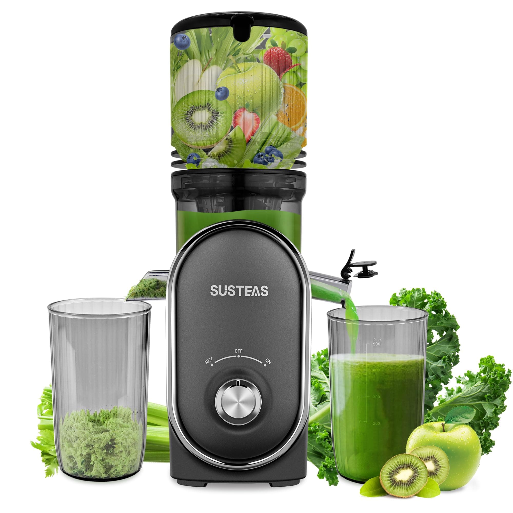 SUSTEAS Cold Press Juicer Machines, 5.3" Feed Chute(50oz Capacity), 300W Slow Masticating Juice Extractor for Whole Fruits and Vegetables, Automatic Feed, High Juice Yield,Easy to Clean, Silver gray