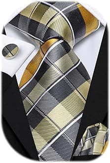 Mens Plaid Ties Classic Paisley Necktie with Handkerchief Cufflinks Set Business Stripe Tie