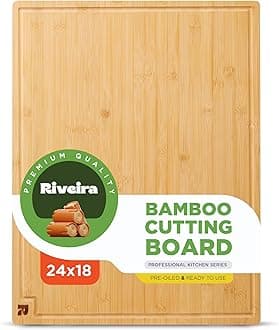 Riveira White Bamboo Wood Cutting Board – Gourmet Bamboo Grandeur: 24 x 18 Wooden Cutting Board – Wooden Cutting Boards For Kitchen Decorative – Innovative Juice Grooves Wooden Chopping Board