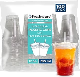 Freshware Clear Plastic Cups with Flat Lids and Straws [100 Cups - 12 oz] Disposable Tumblers for Iced Coffee, Smoothie, Milkshake, Cold Drinks