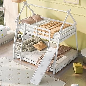 Bellemave Bunk Bed Twin Over Queen, Bunk Bed with Slides and Stairs, House Bunk Bed with Climbing Nets and Climbing Ramp, Queen bunk Bed for Kids, Teens, Kids bunk beds, White