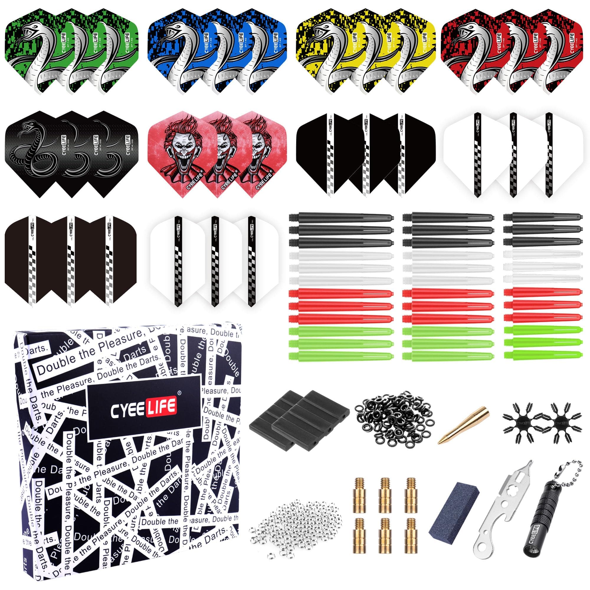 CyeeLife 180 Piece Darts Custom Fit Pack Set, Includes Flights, Shafts, Rubber O-Rings, Flight Protecter and Accessories