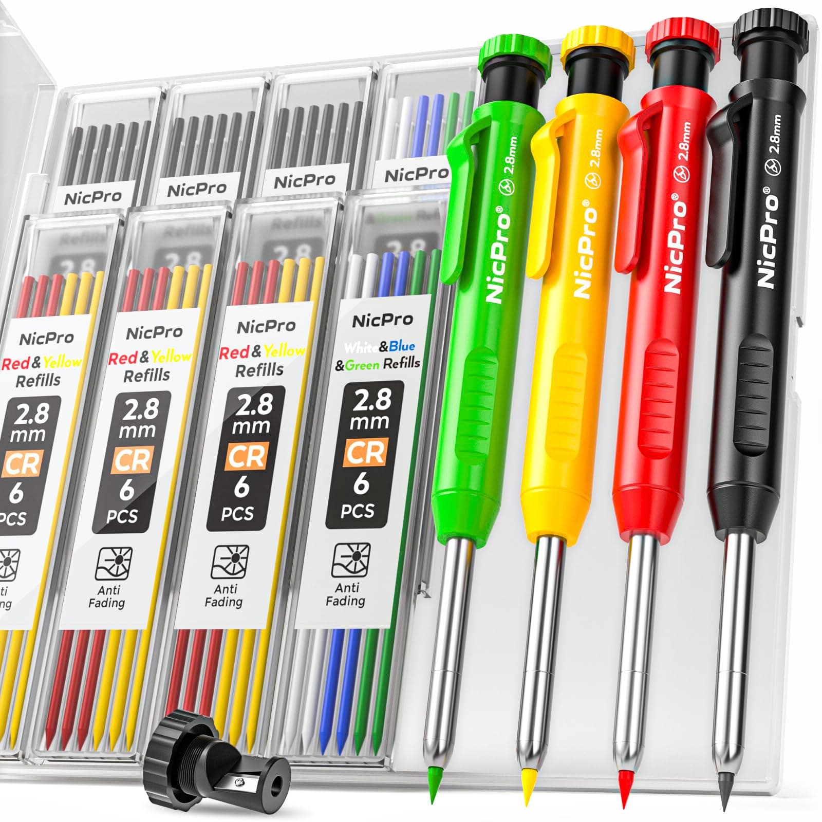 Nicpro 4 Pack Carpenter Pencil with Sharpener, Mechanical Pencils Set with 52 Refills, Case, Deep Hole Marker, Heavy Duty Woodworking Pencils Tools for Architect Construction (Red,Black,Yellow,Green)
