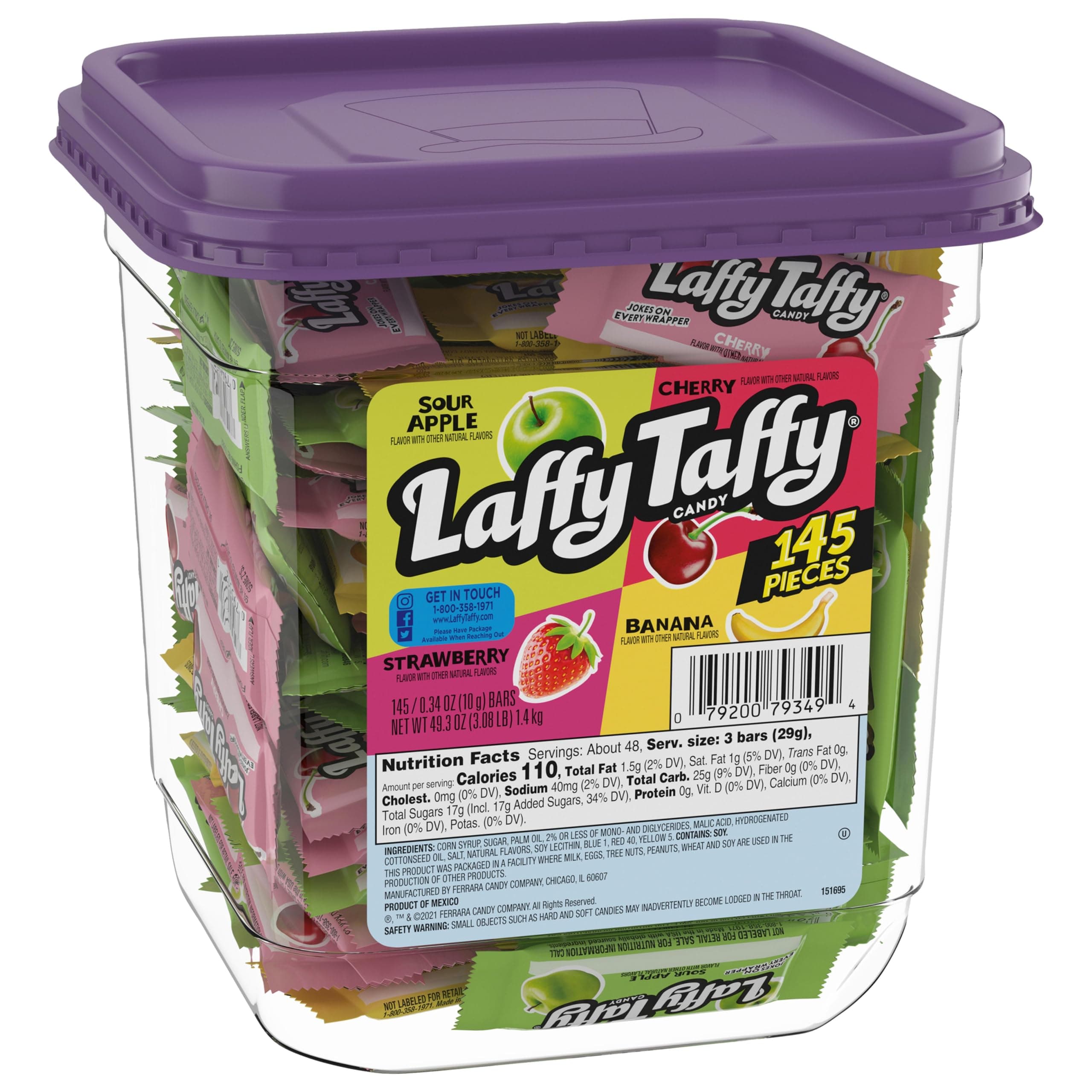 Laffy Taffy Candy, Assorted Fruit Flavored Taffy Candy, Sour Apple, Cherry, Strawberry & Banana Flavors (145 Pieces), 49.3 Ounce