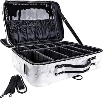 gzcz Large Capacity Travel Makeup Case Organizer,Professional Cosmetic Bags for Women,Waterproof PU Leather Makeup Bag with Adjustable Dividers and Shoulder Strap for Brushes and Jewelry