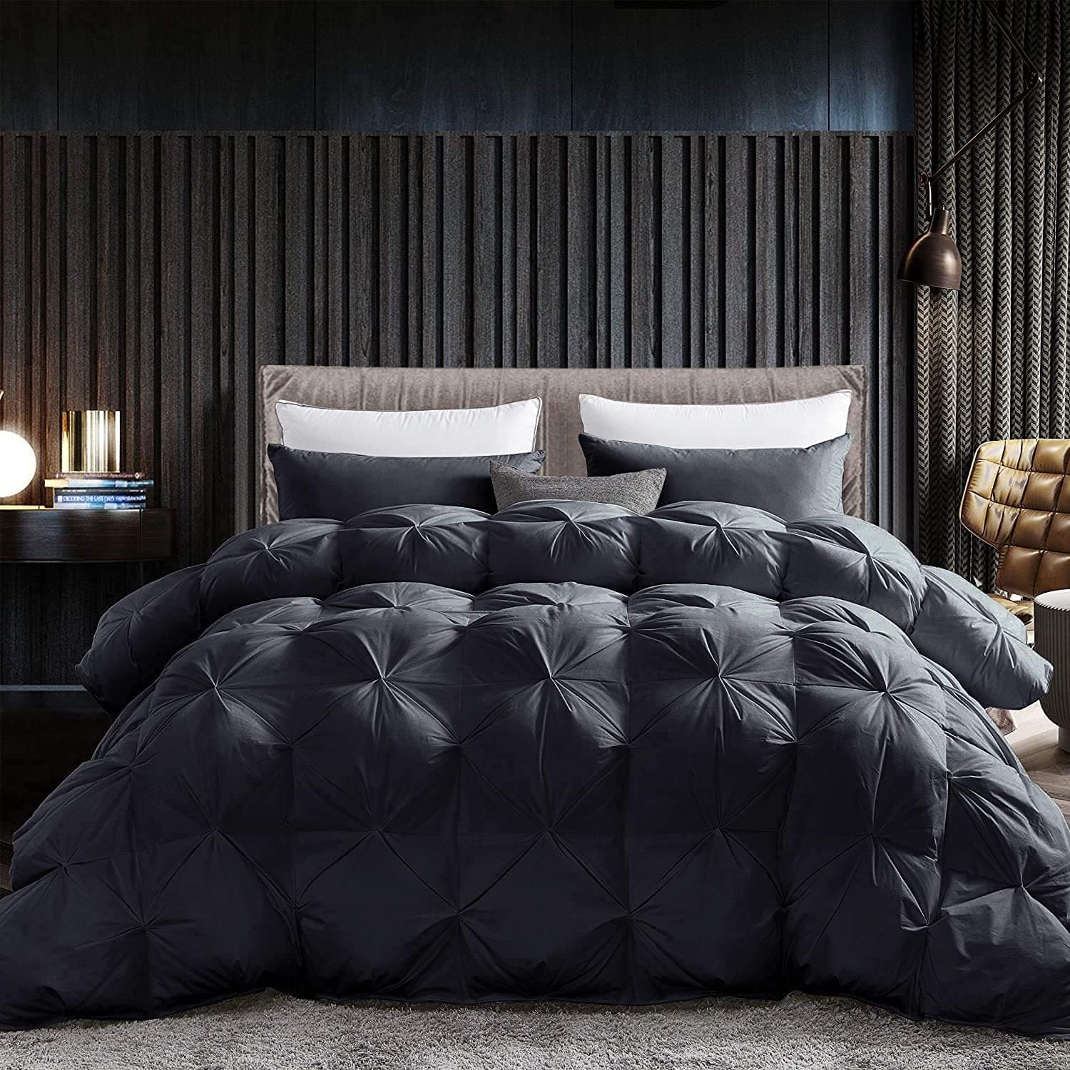 Luxurious Goose Down Feather Fiber Comforter Duvet Insert, Exquisite Pinch Pleat Black Design, Oversize Palatial King 120 x 98, Premium Baffle Box 100% Egyptian Cotton, 90 oz Fill Weight