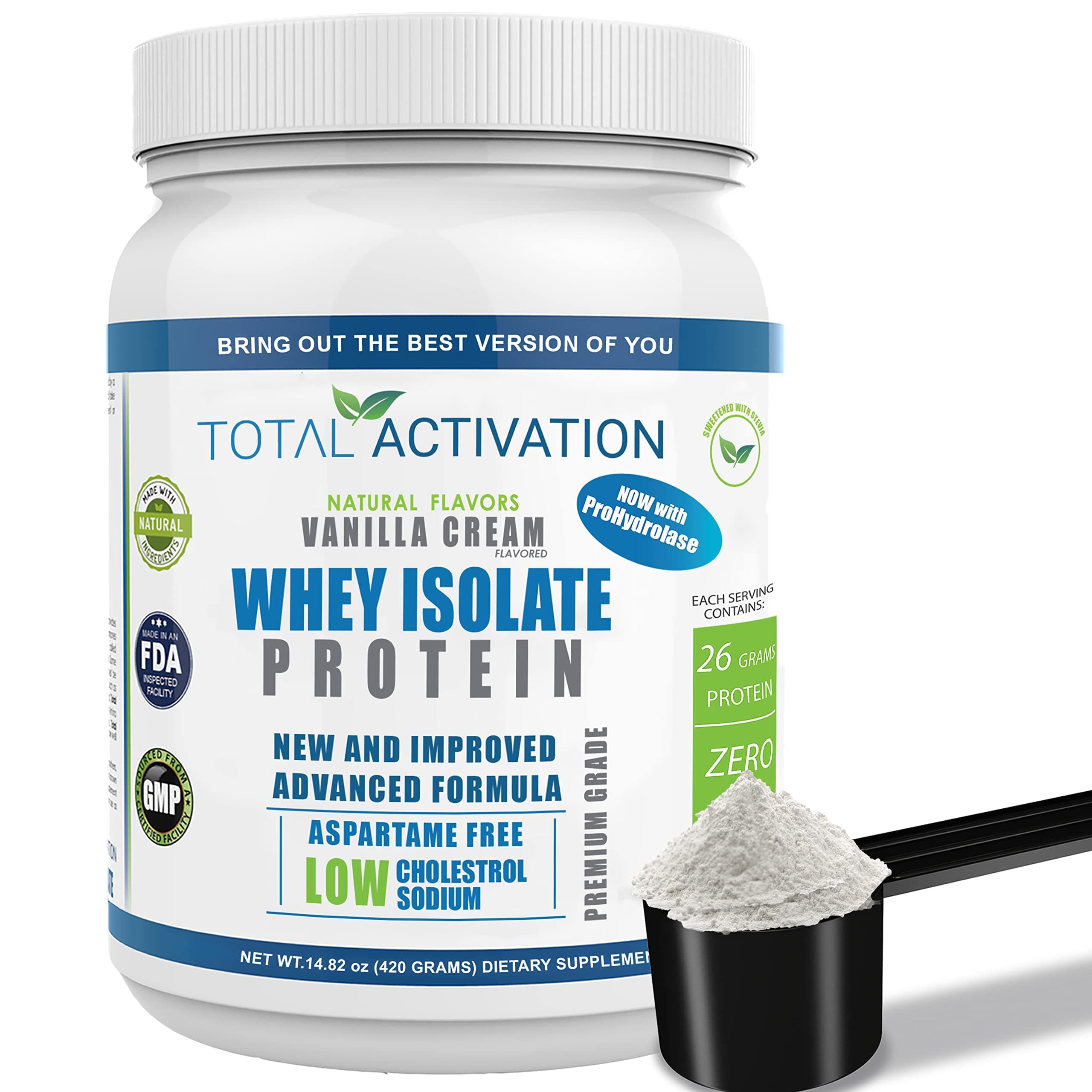 Total Activation Vanilla Whey Isolate Protein Powder with Prohydrolase, Keto, Gluten & Lactose Free Meal Replacement Supplement, Sweetened by Stevia for Women & Men 14.82 oz