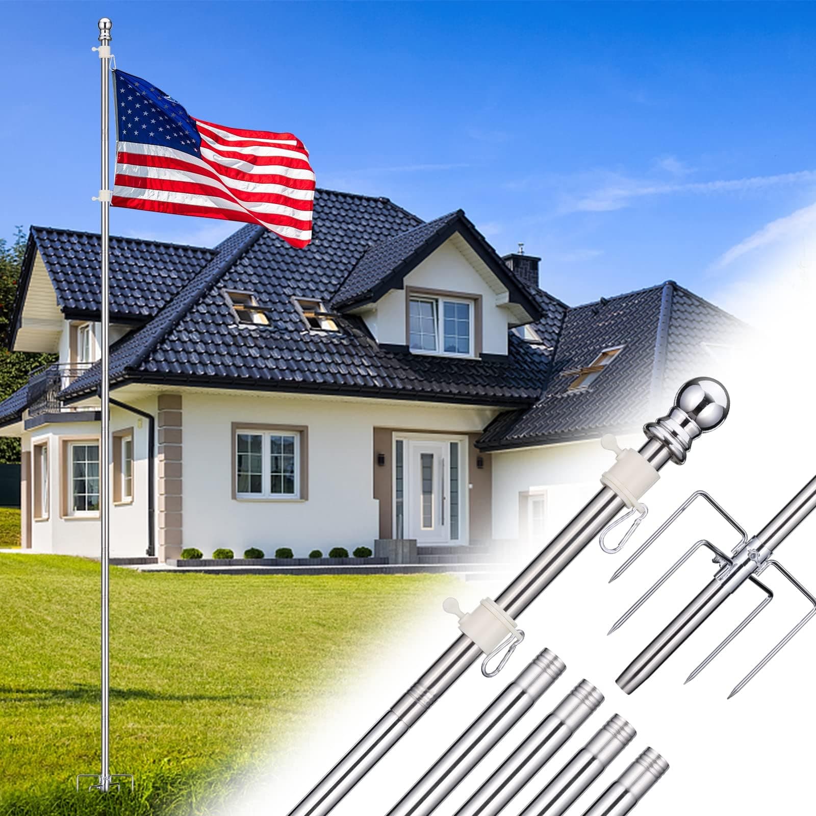 Silver 9ft Yard Flag Stand & Stand - Wind Resistant, Rustproof - 1" Tangle Free Flag Pole for House