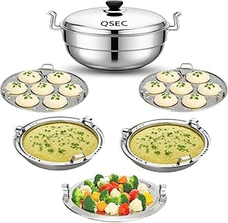 QSEC stainless steel Induction Bottom idli maker 28cm Multi Kadai idly Steamer dhokla cooker | 3 layer thick Base All-in-One Big Size with 5 Plate | 2 idli | 2 Dhokla | 1 Patra | Induction & Gas stove Compatible | Sandwich Bottom Multipurpose kadai