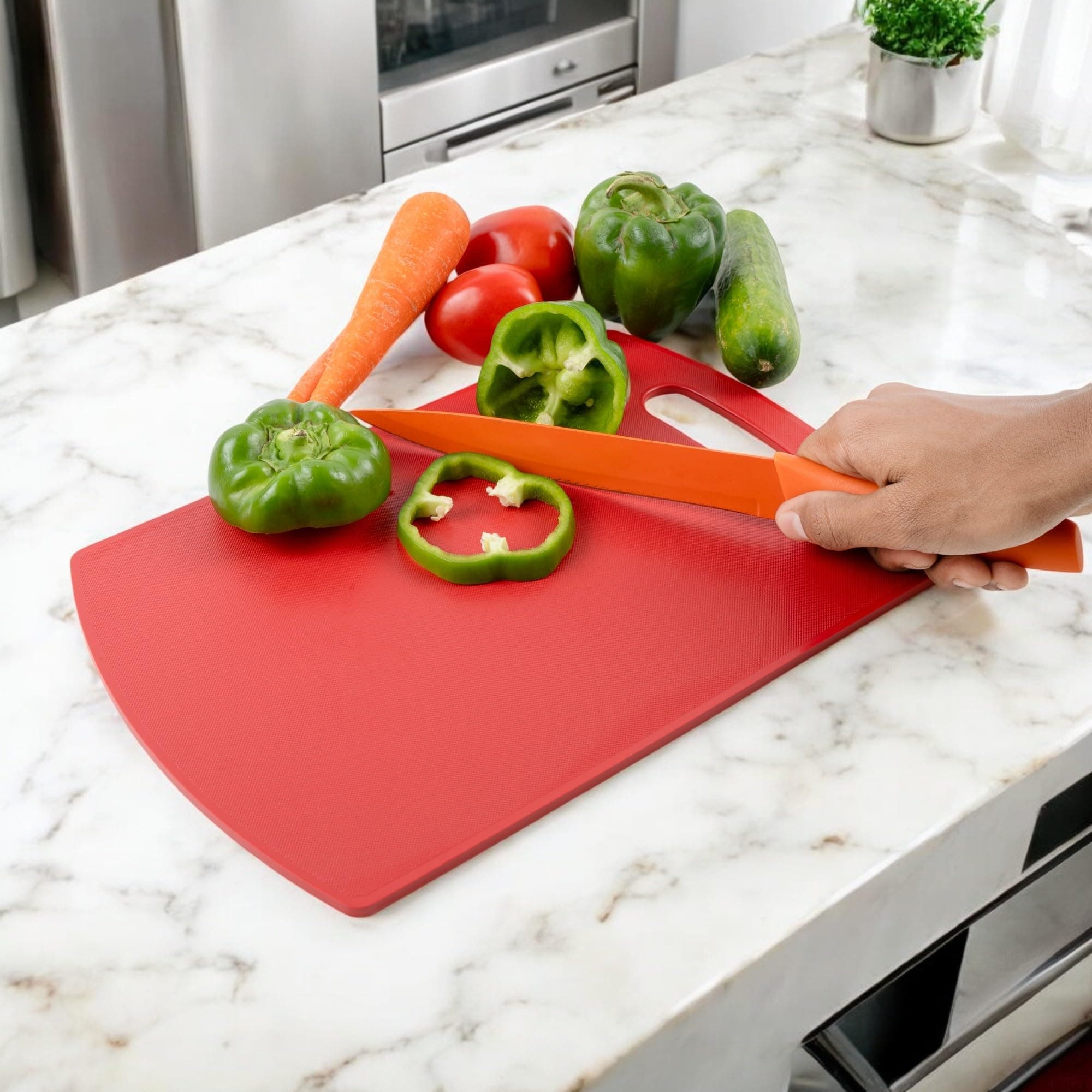 HomeWiz Kitchen Plastic Cutting Chopping Board with Handle for Vegetable, Fruits, Cheese, Premium-Grade Plastic, 100% Food Safe, BPA-Free, Dishwasher Safe, Microwave Safe, Anti Bacterial Red Rectangle