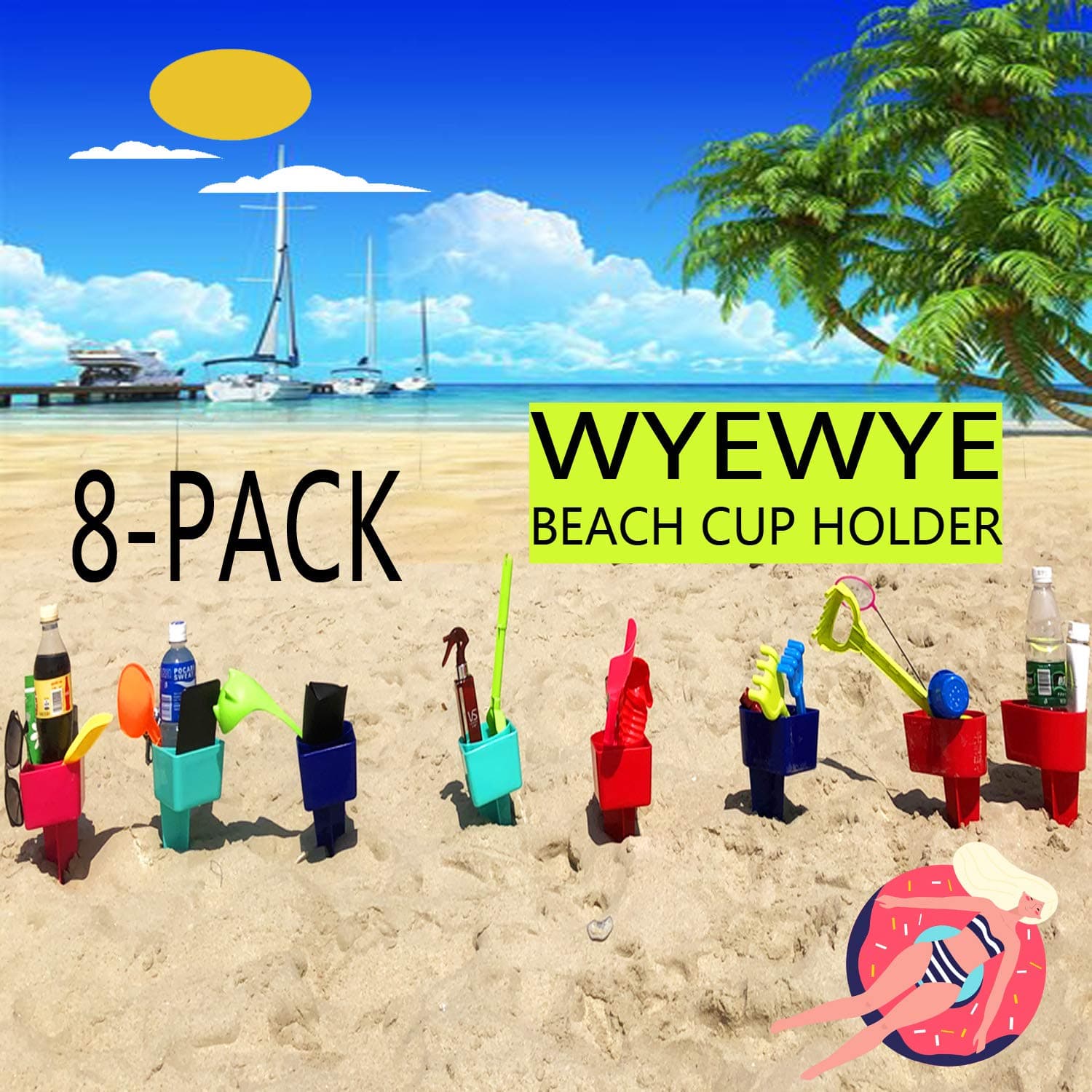 wyewye Beach Sand Cup Drink Holder,8 Pack Plastic Multifunction Beach Cup Holders for Storage Phone/Beverage/Beer/Sunglasses/Cup/Sunscreen/Trinkets etc.（Random Color）
