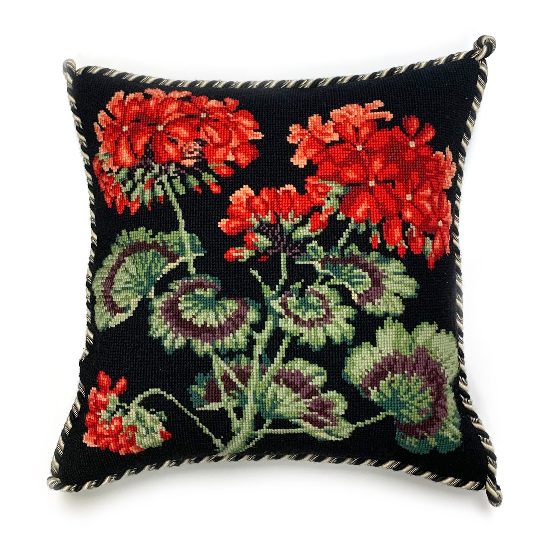 Geranium Needlepoint Tapestry Kit with Black Background from Elizabeth Bradley Premium English Needlework Project with 100% Wool Yarns