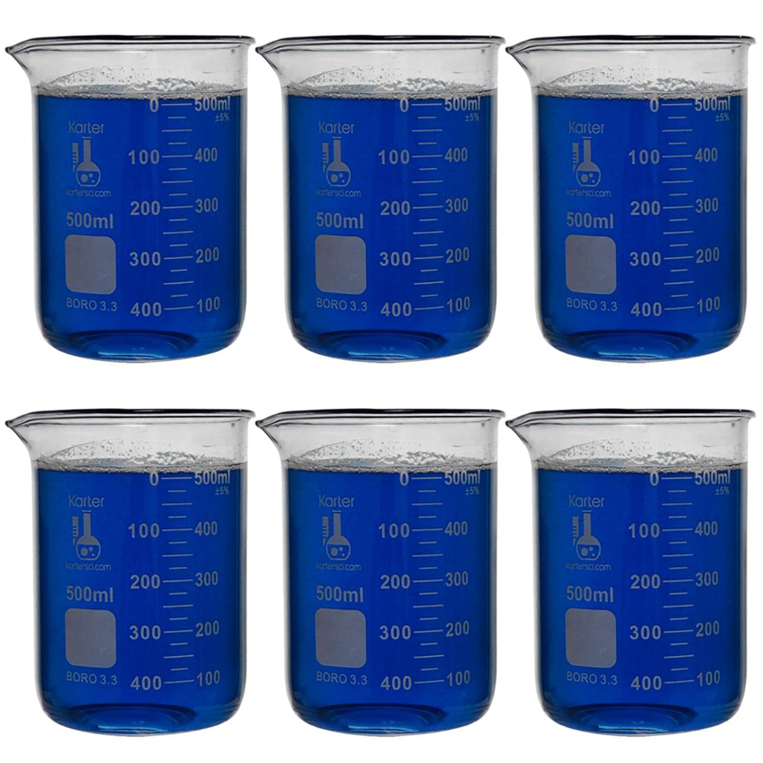 500ml Beaker, Low Form Griffin, Borosilicate 3.3 Glass, Double Scale, Graduated, Karter Scientific 213D18 (Pack of 6)